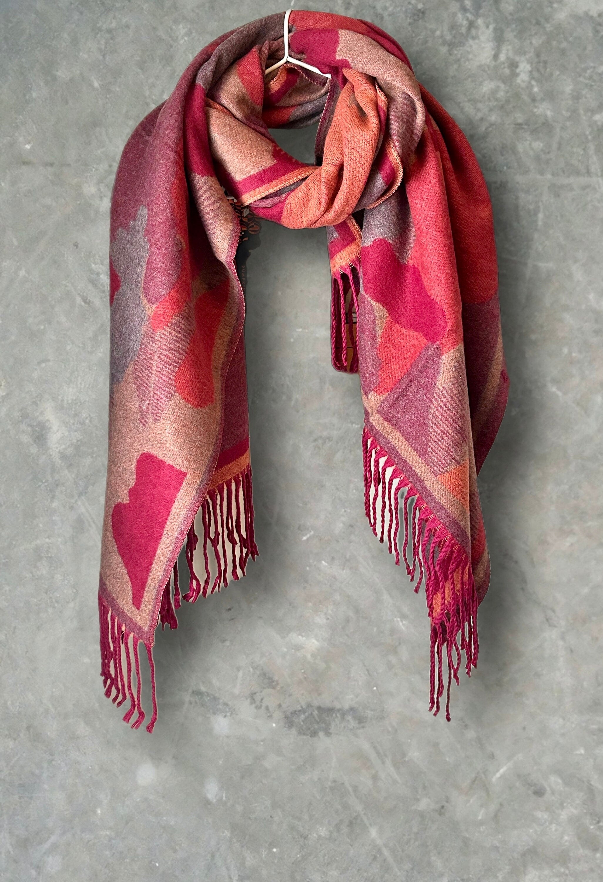 Cashmere Blend Scarf in Red and Orange with Color Patch Pattern