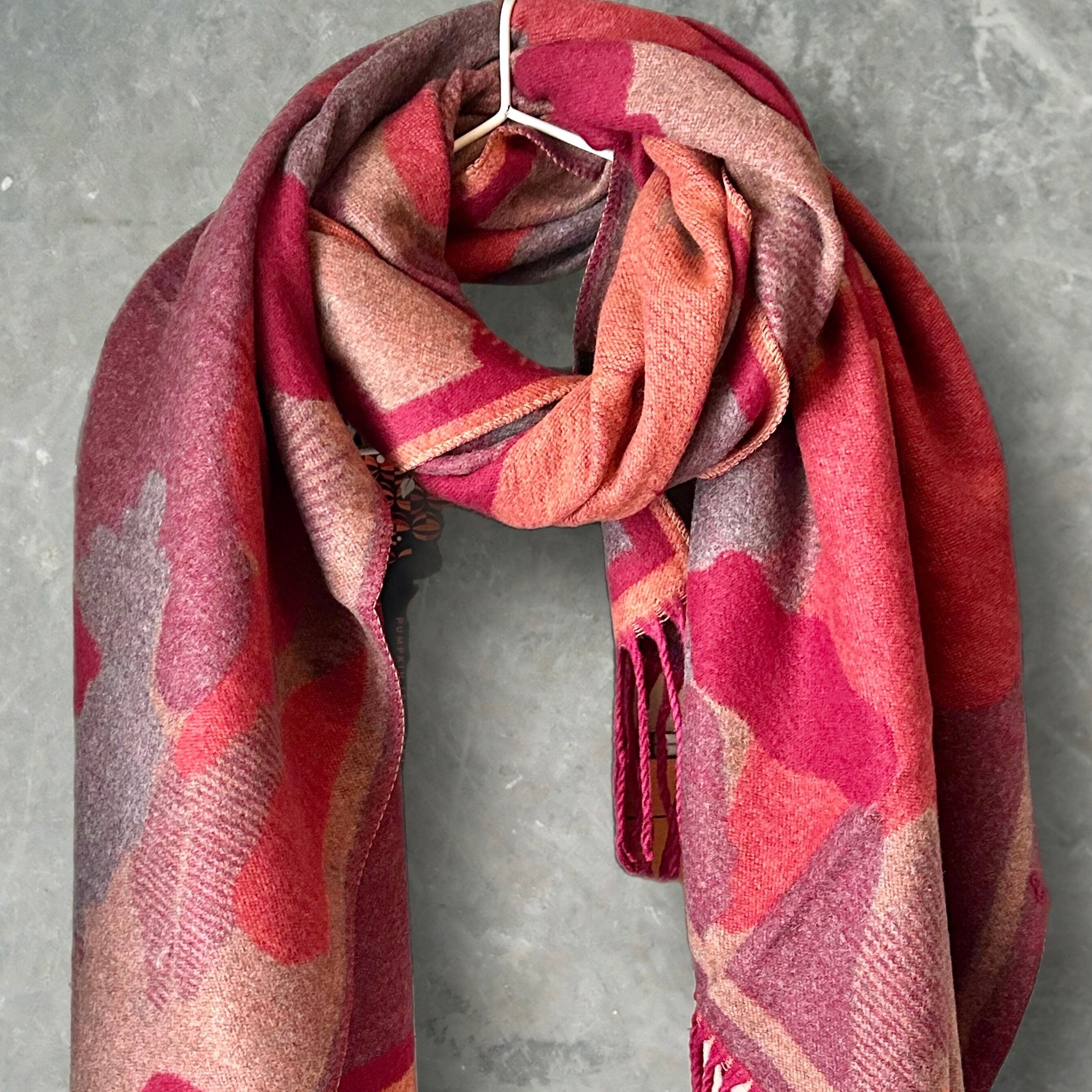 Cashmere Blend Scarf in Red and Orange with Color Patch Pattern