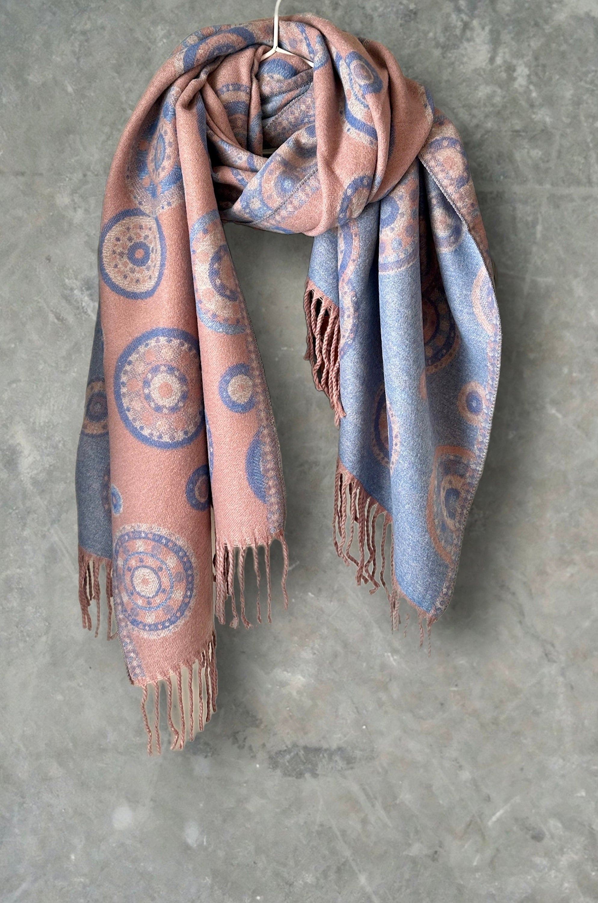 Cashmere Blend Scarf in Light Blue Pink with Circular Dots Pattern For Winter