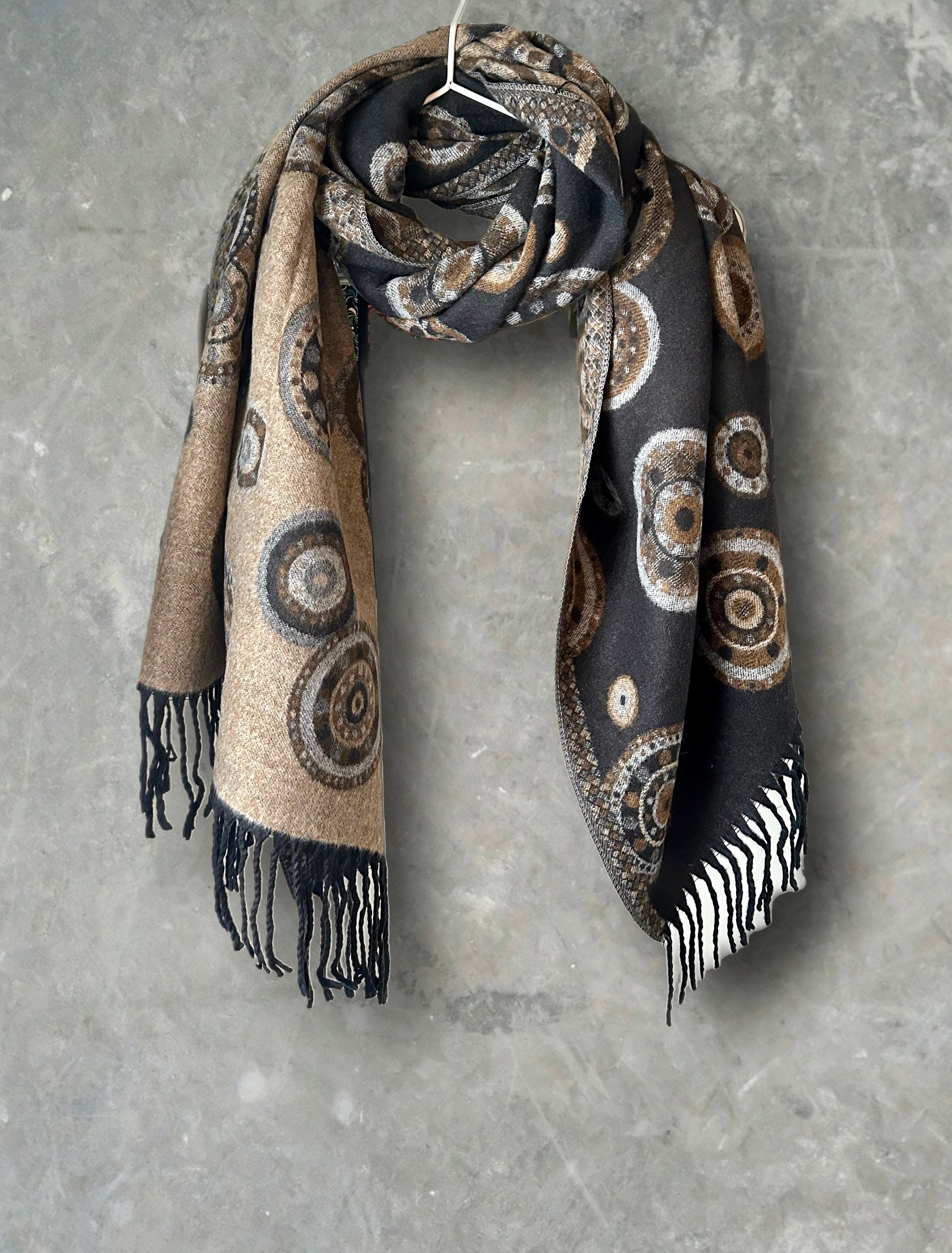 Cashmere Scarf in Black and Beige with Circular Dots Pattern