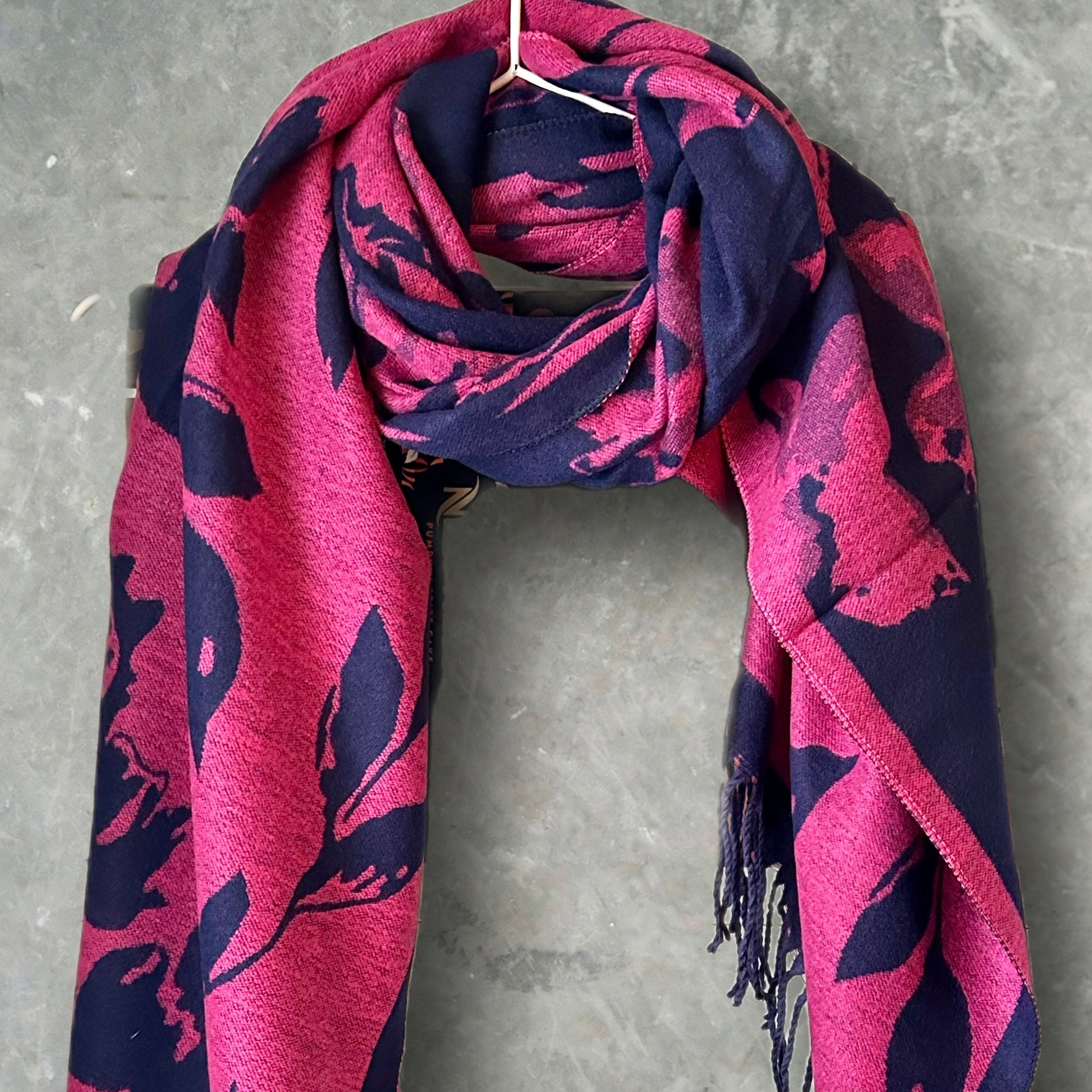 Luxury Cashmere Scarf in Pink and Blue with Large Peony Pattern