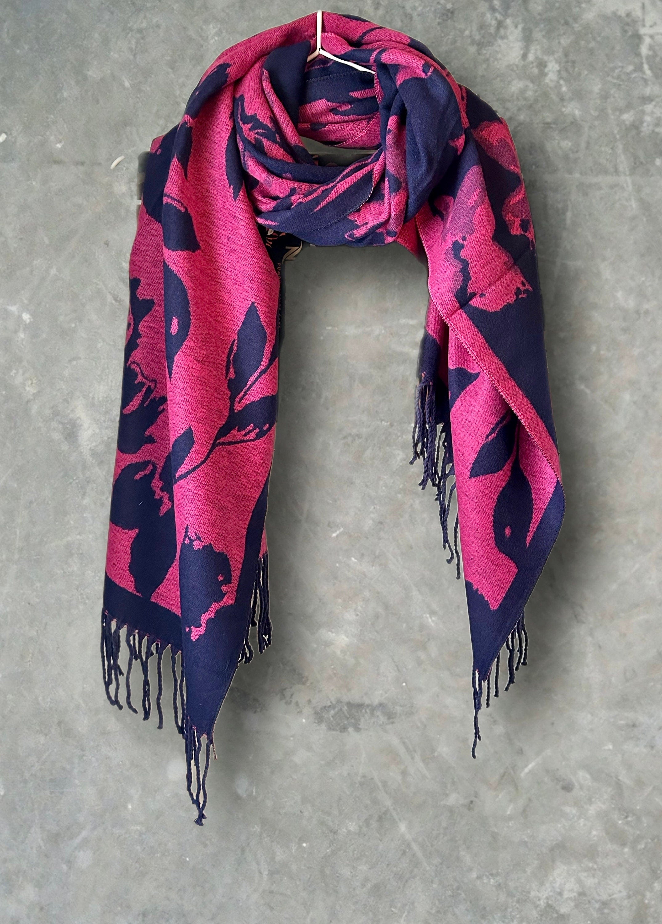 Luxury Cashmere Scarf in Pink and Blue with Large Peony Pattern
