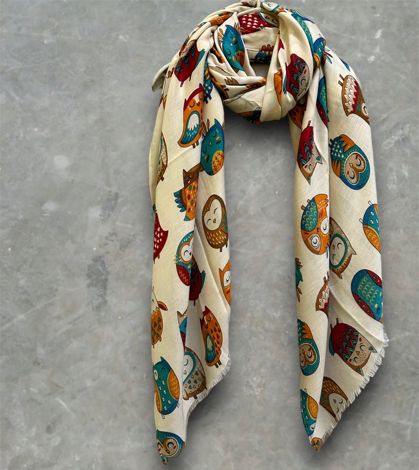 Charming Owls Pattern Off White Scarf – Perfect All-Season Gift for Mom and Her
