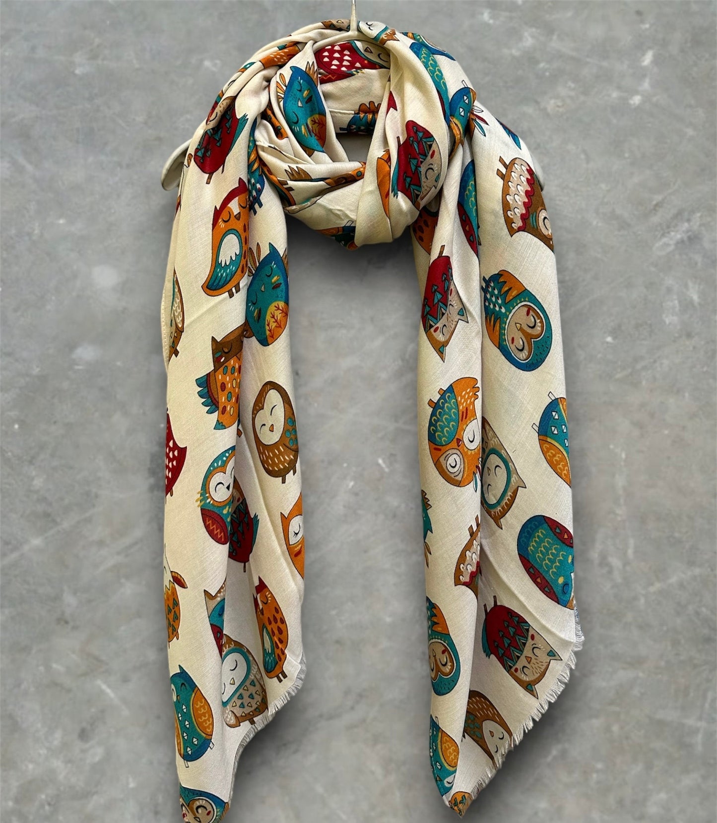 Charming Owls Pattern Off White Scarf – Perfect All-Season Gift for Mom and Her