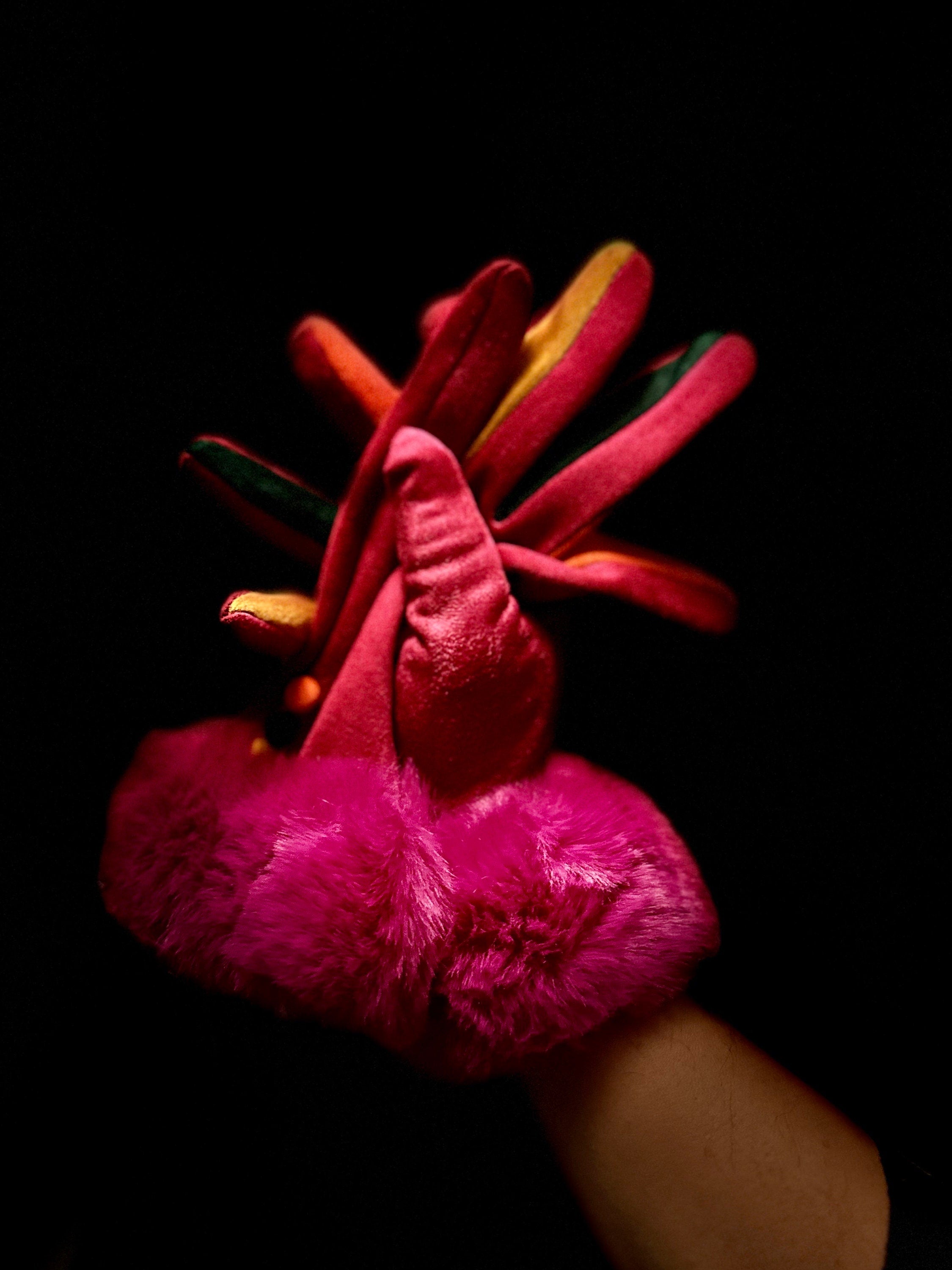 Fuchsia Pink Suede Gloves with Faux Fur,Stretch Suede Fabric