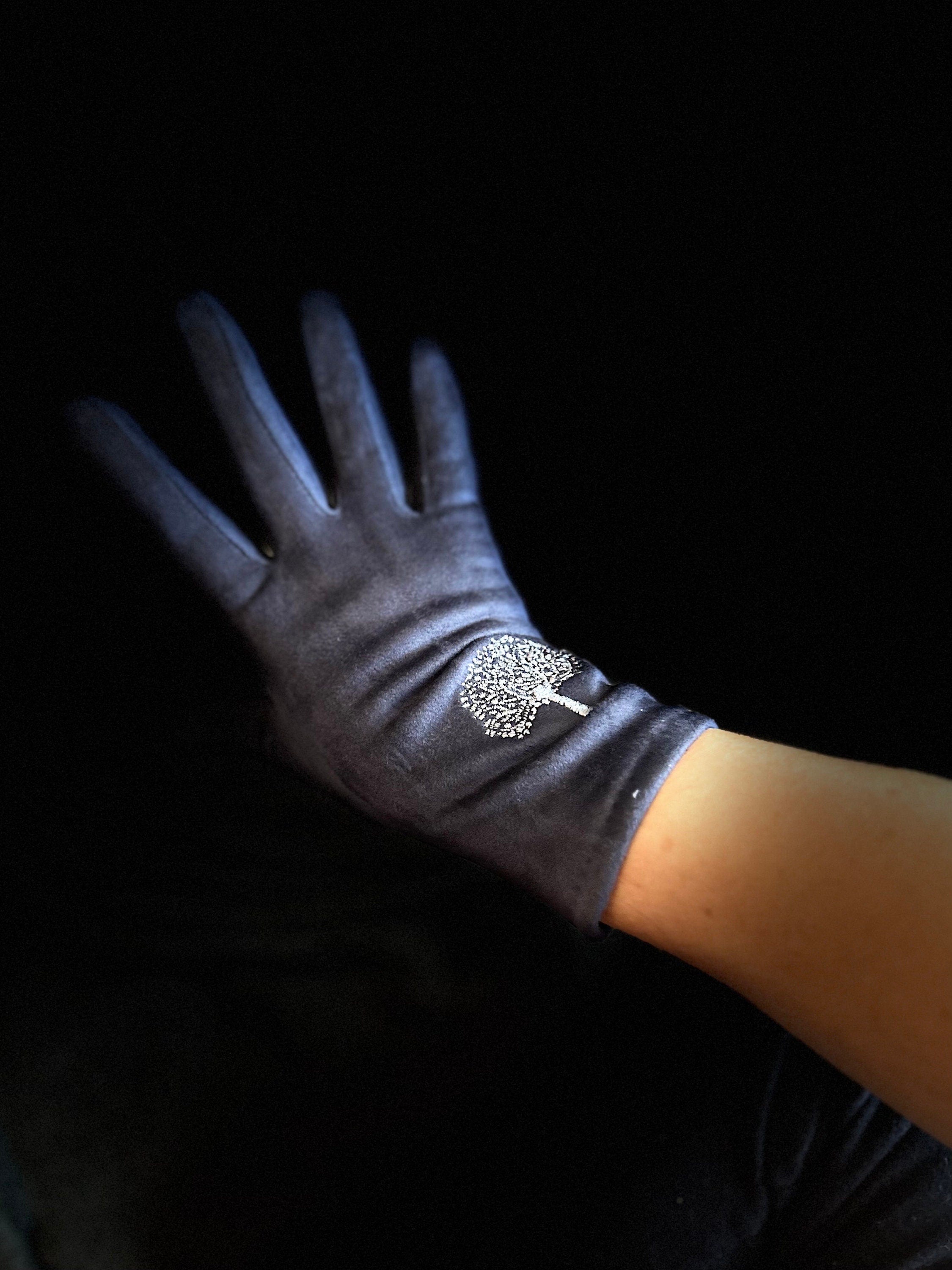 Embroidery Mulberry Tree Navy Blue Gloves,Stretch Suede Fabric