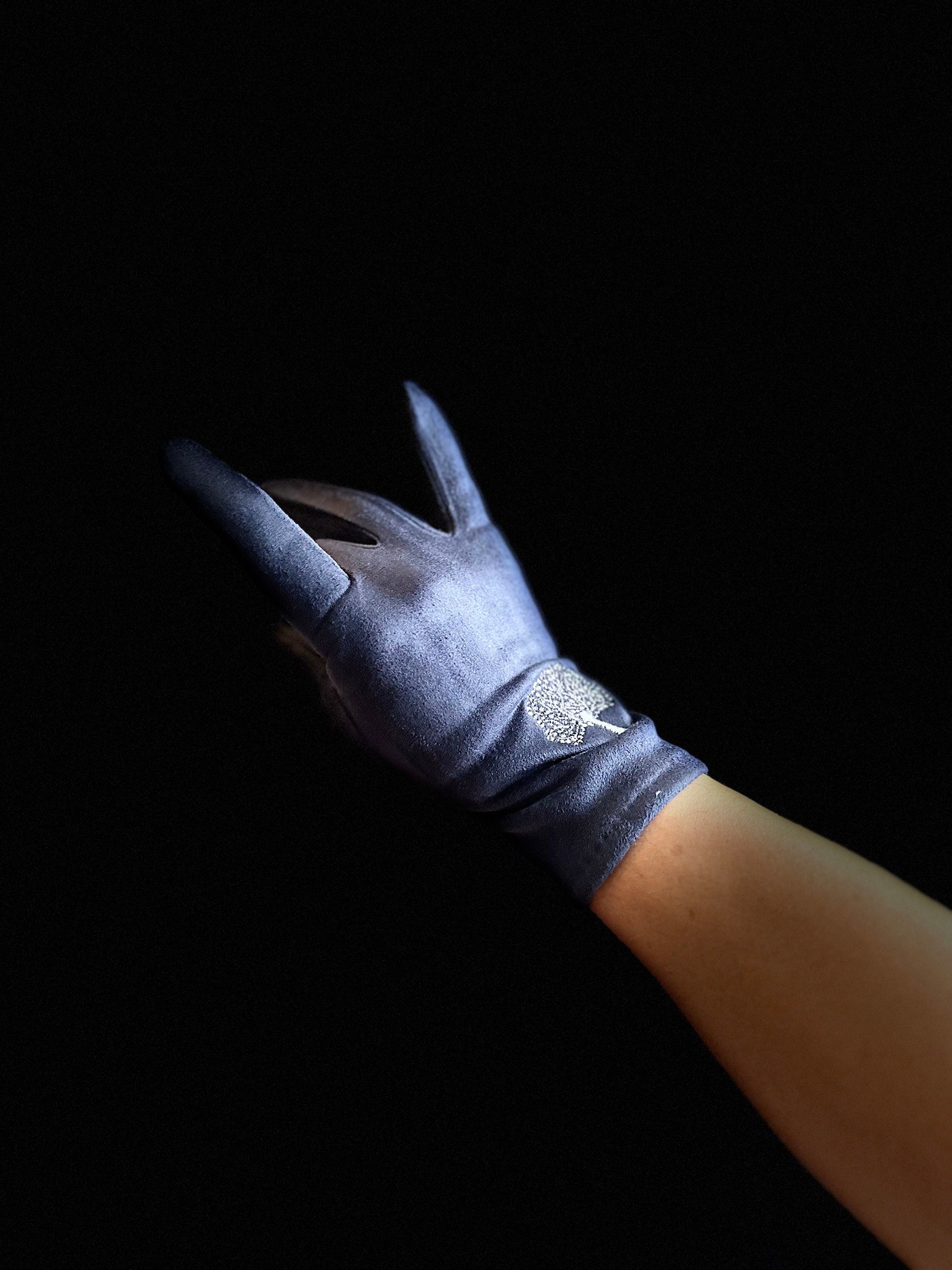 Embroidery Mulberry Tree Navy Blue Gloves,Stretch Suede Fabric