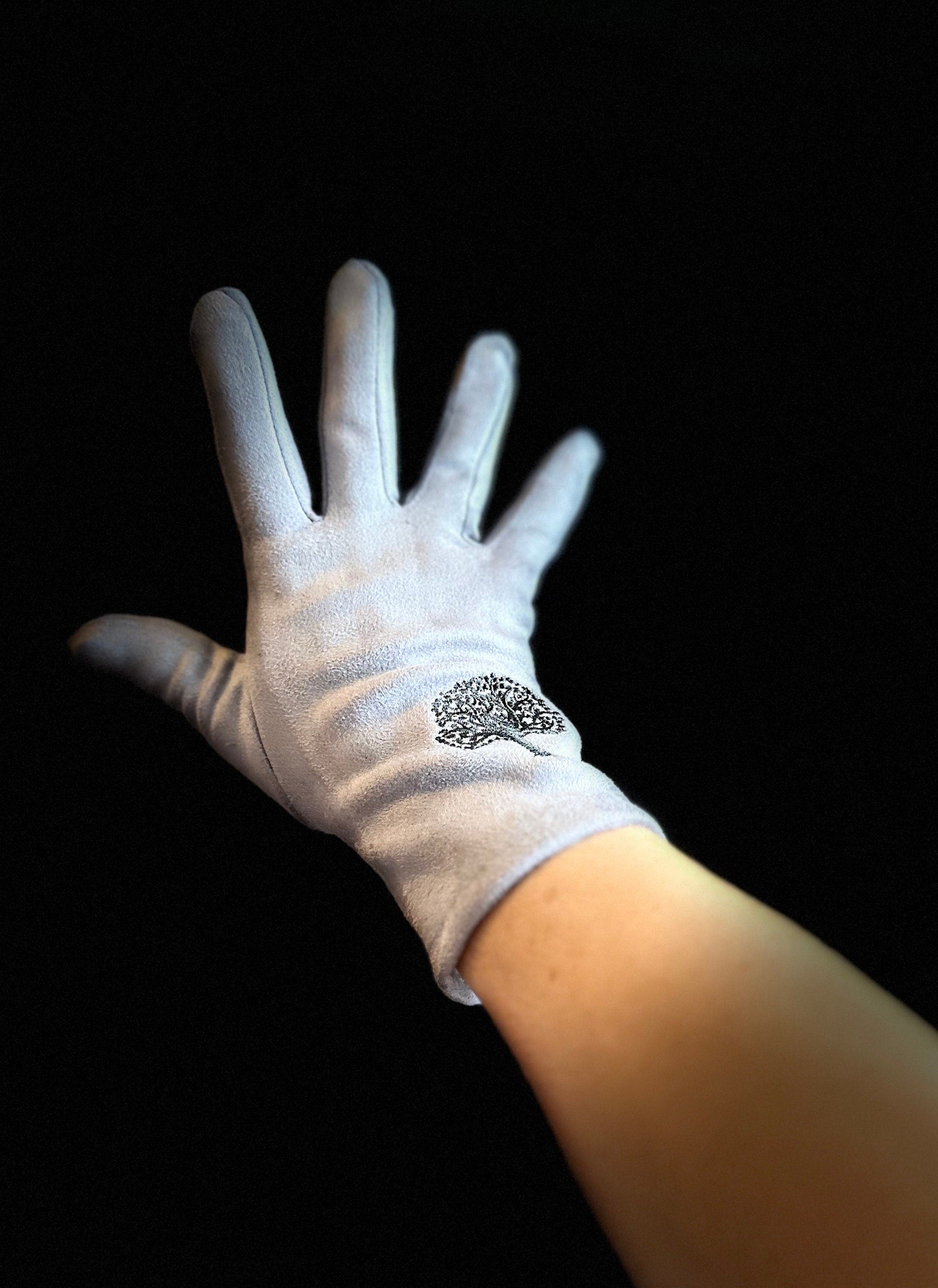 Light Grey Gloves with Embroidery Mulberry Tree for Women