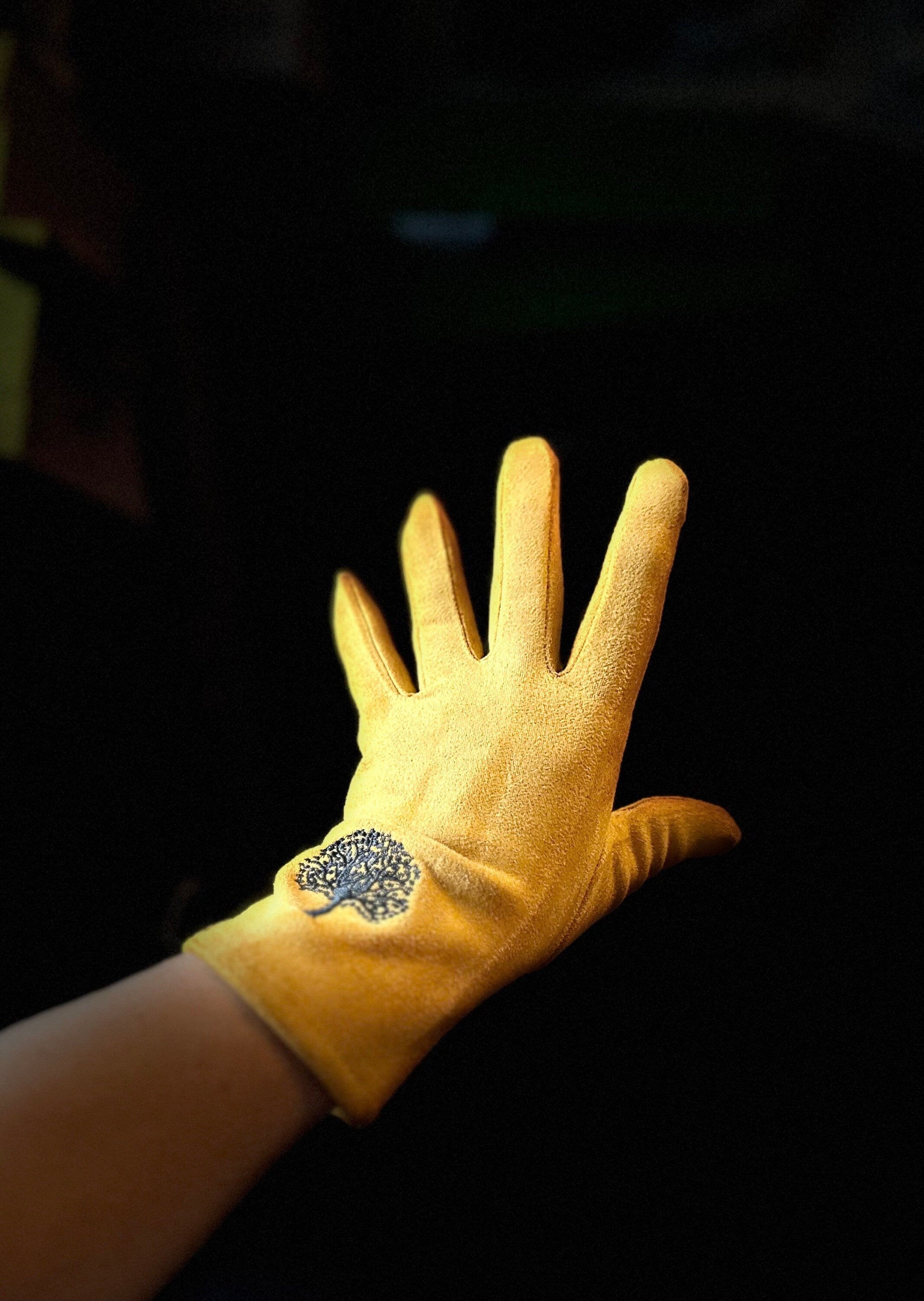 Mustard Yellow Gloves with Embroidery Mulberry Tree for Women