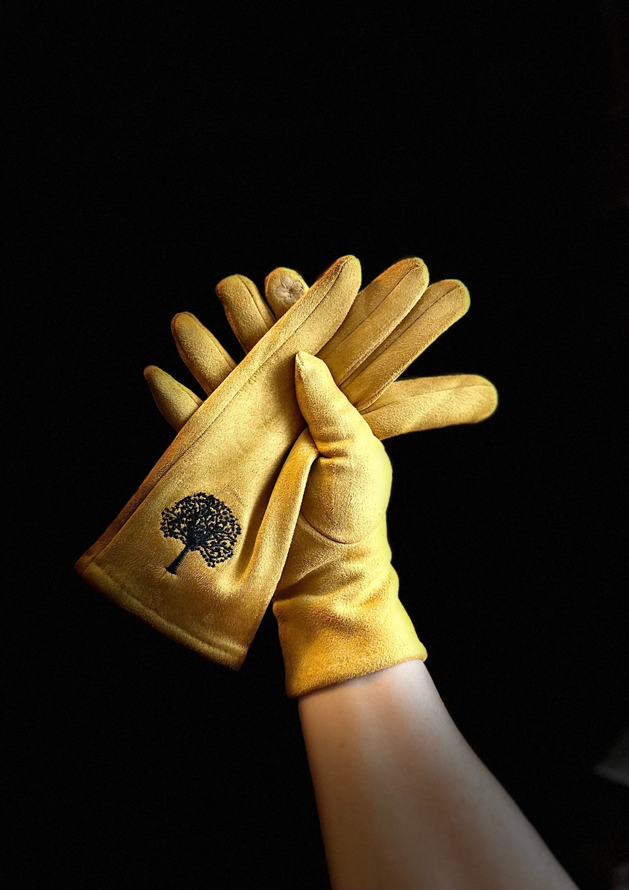 Mustard Yellow Gloves with Embroidery Mulberry Tree for Women