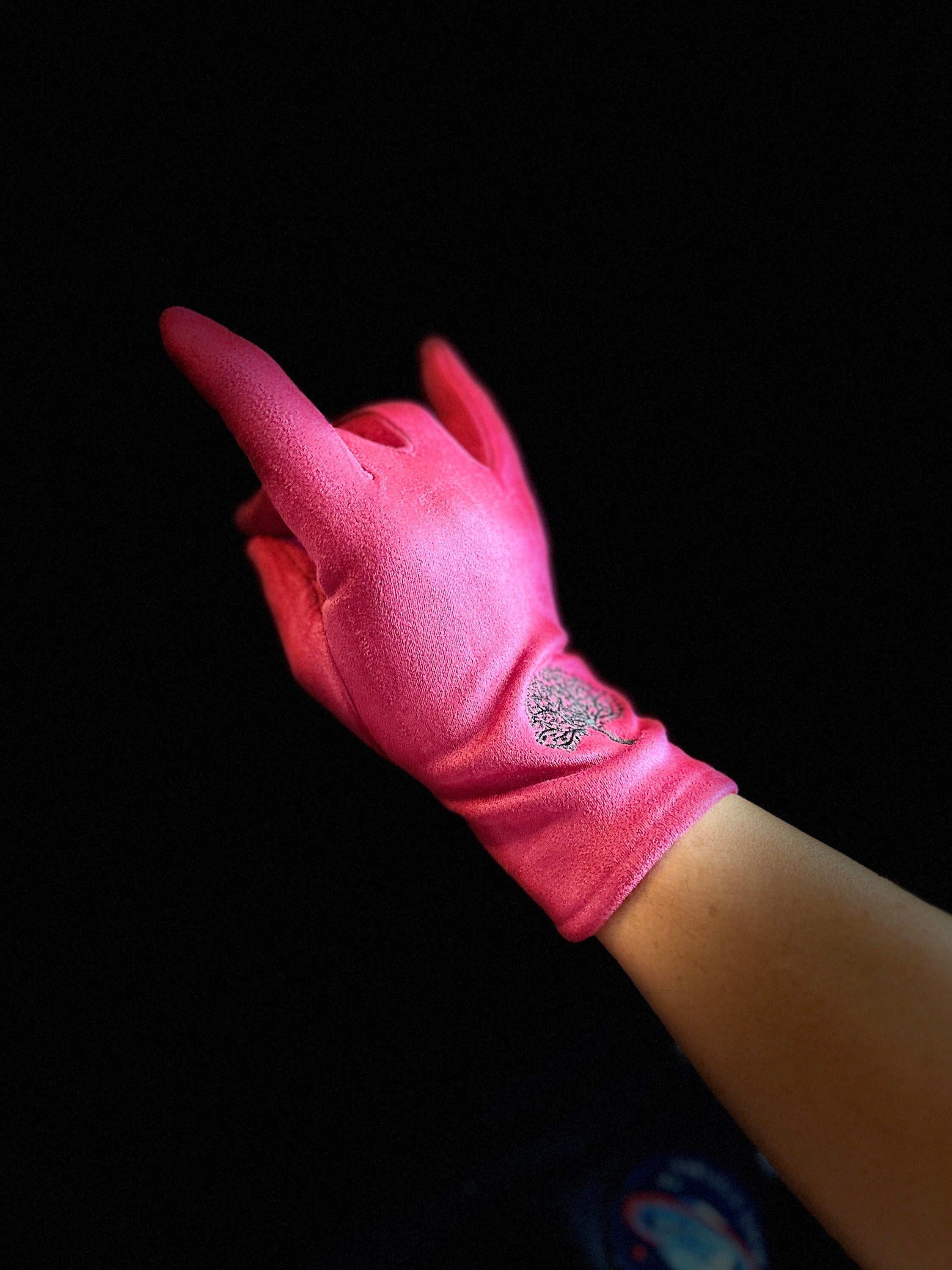 Bright Pink Gloves with Embroidery Mulberry Tree for Women