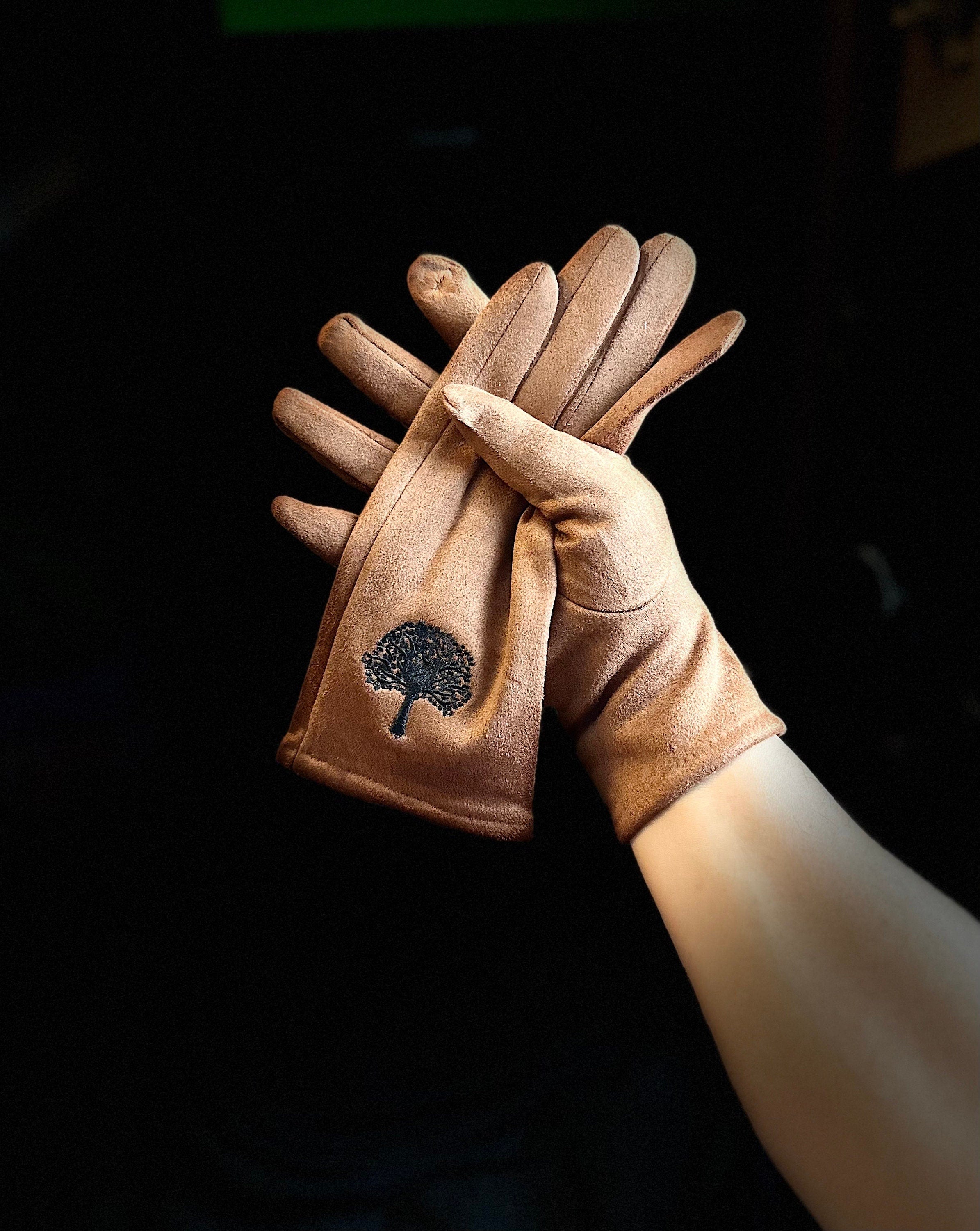 Brown Gloves with Embroidery Mulberry Tree