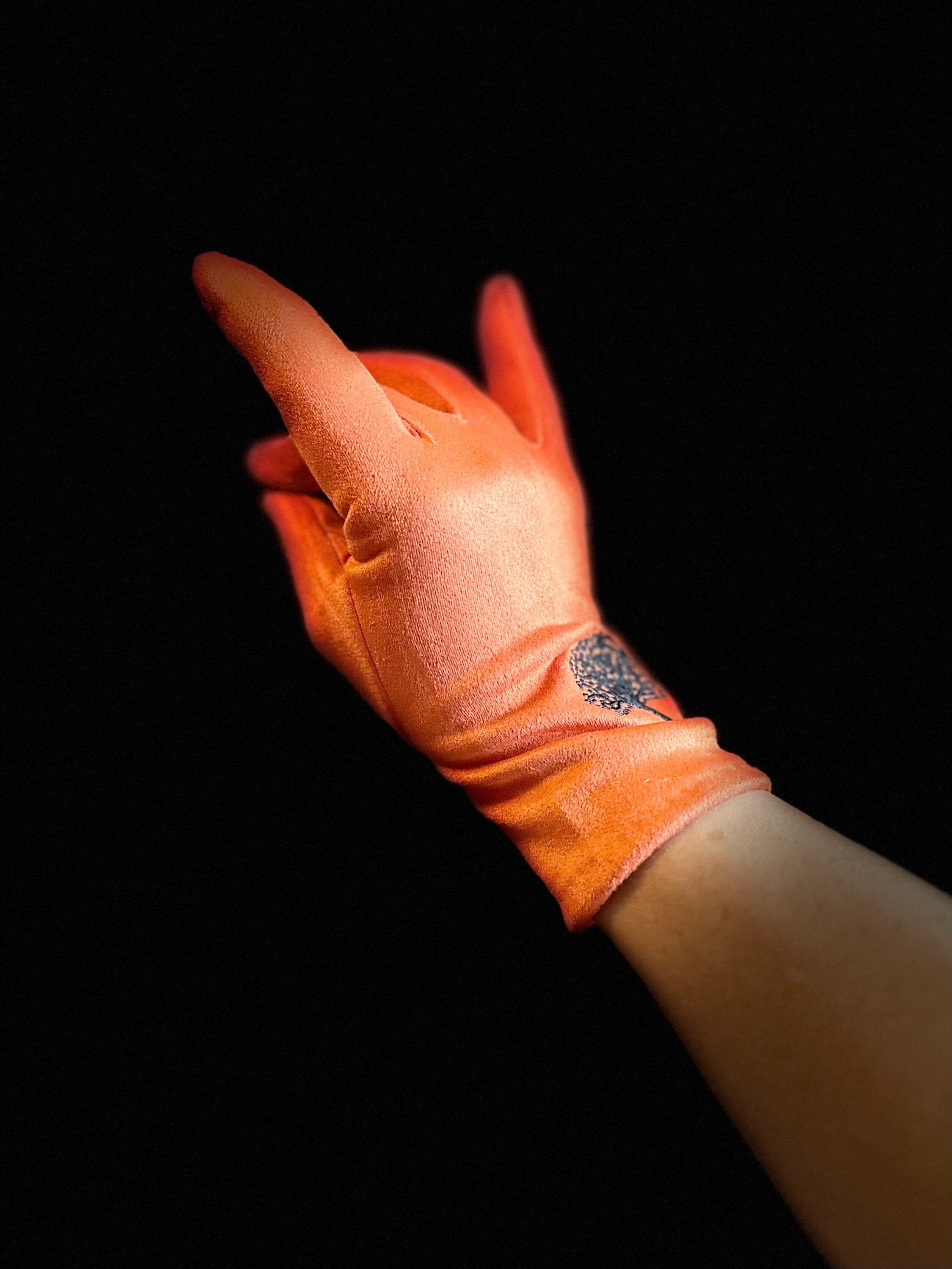 Orange Gloves with Embroidery Mulberry Tree for Women