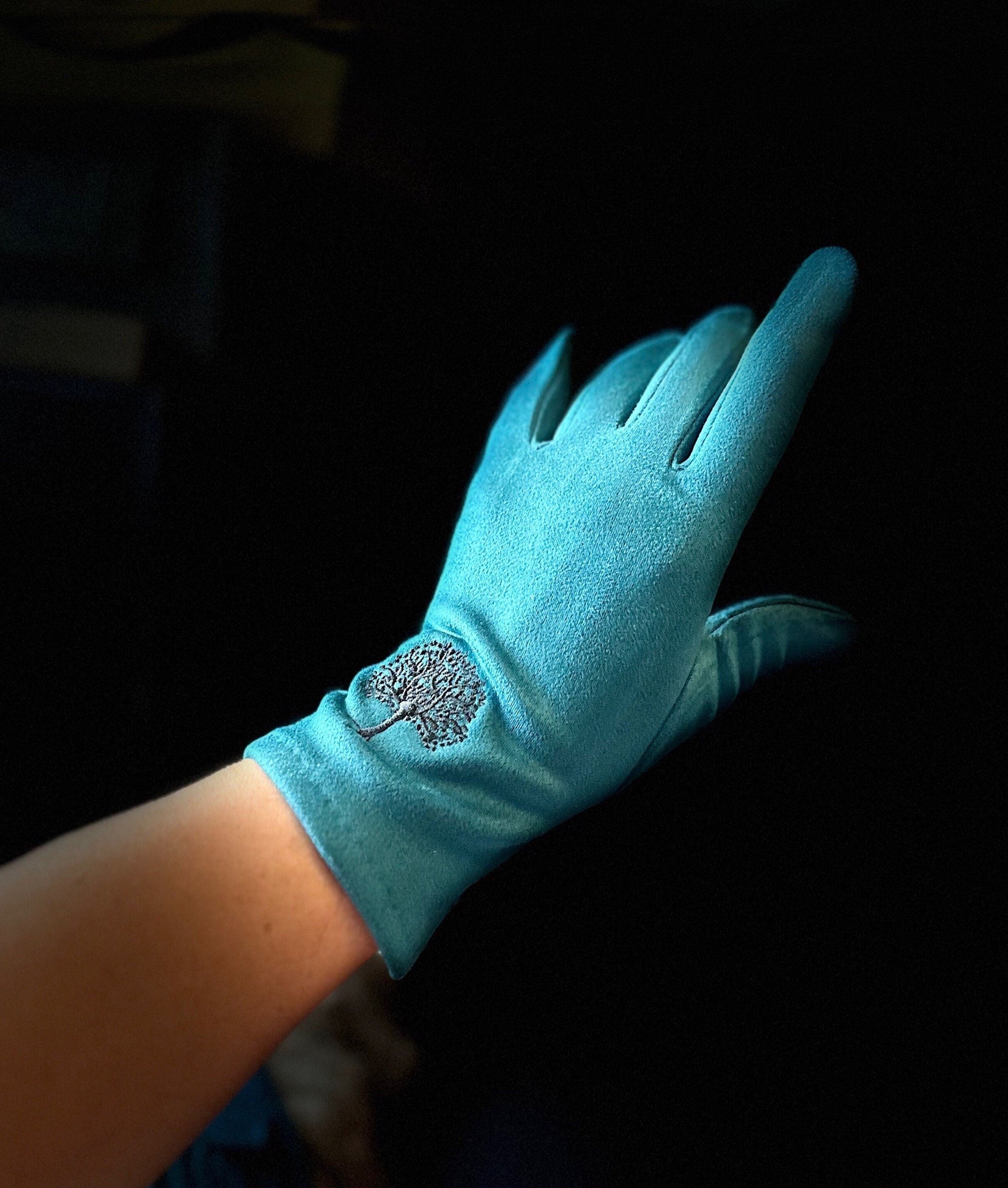 Teal Blue Gloves with Embroidery Mulberry Tree for Women