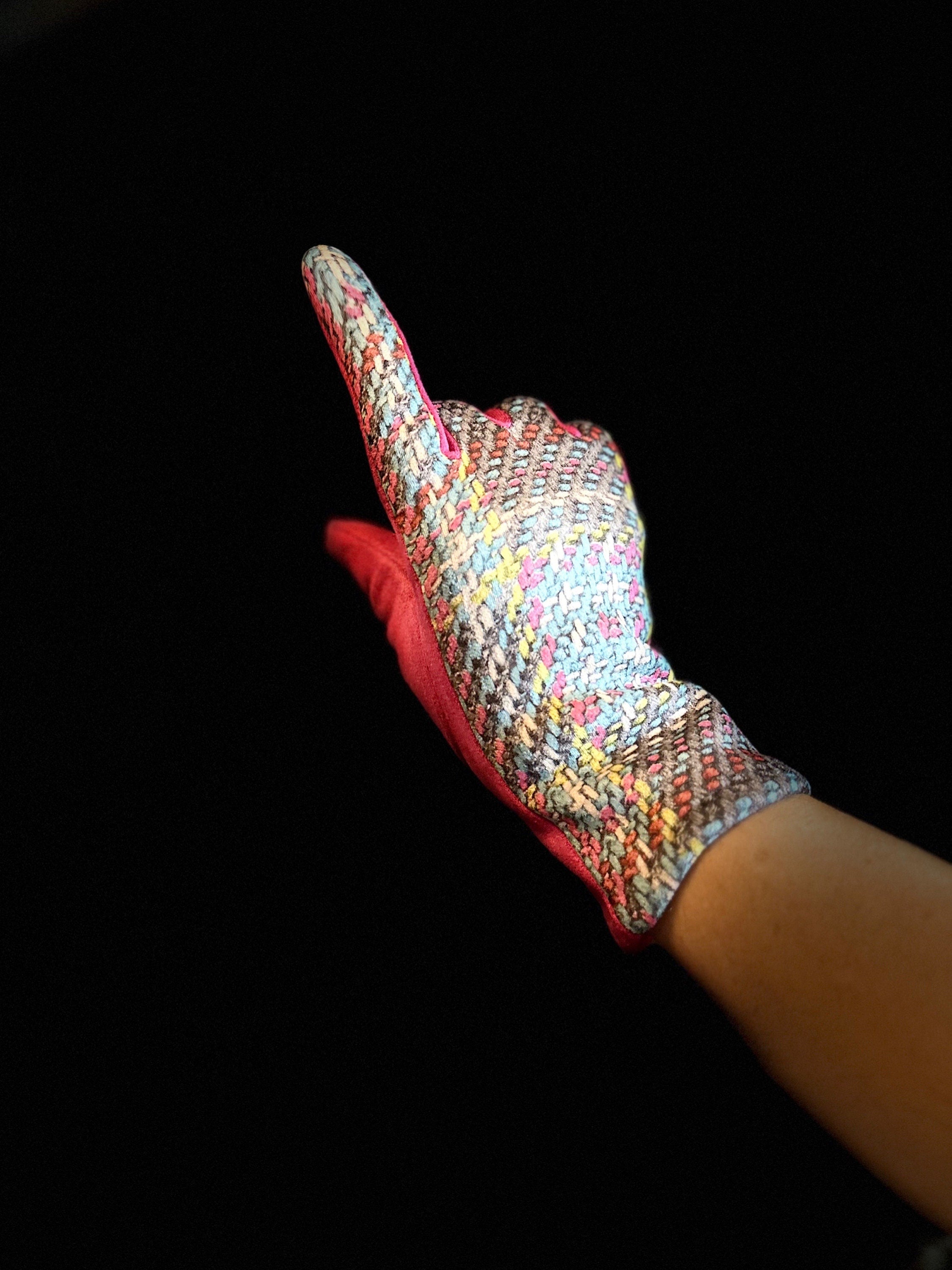 Bright Pink Glove with Tweed,Tartan Pattern for Women
