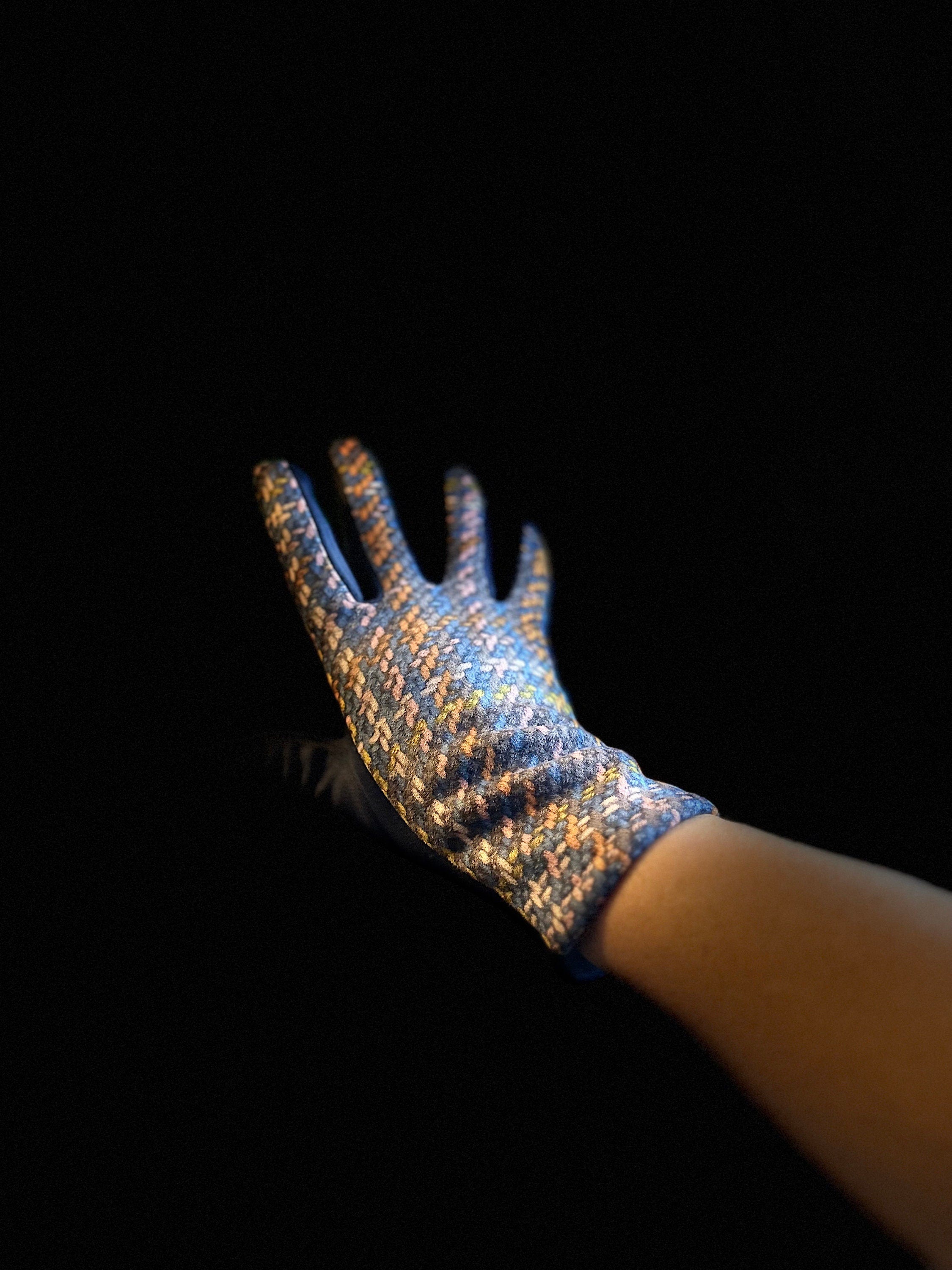 Navy Blue Glove with Tweed,Tartan Pattern for Women