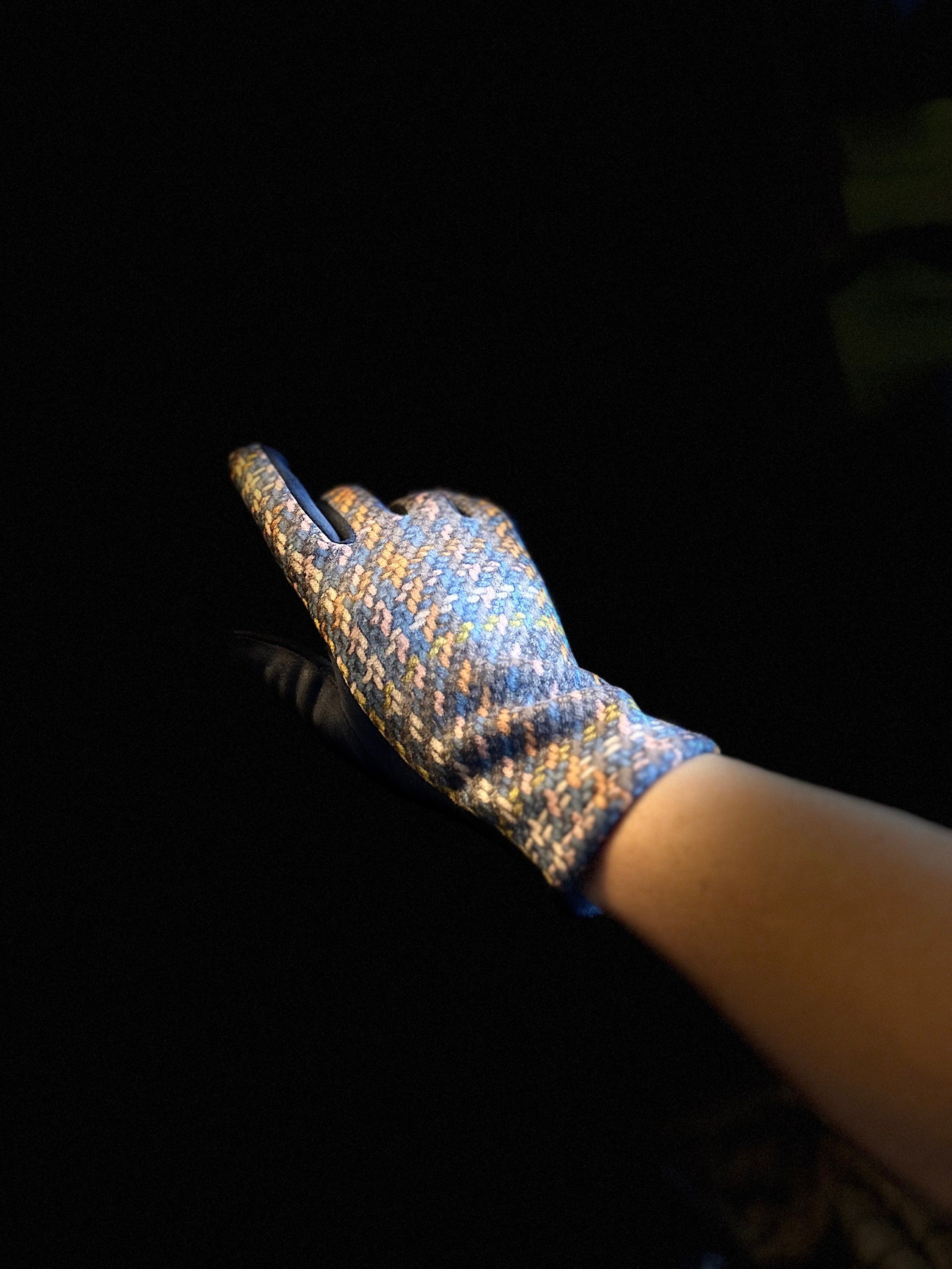 Navy Blue Glove with Tweed,Tartan Pattern for Women