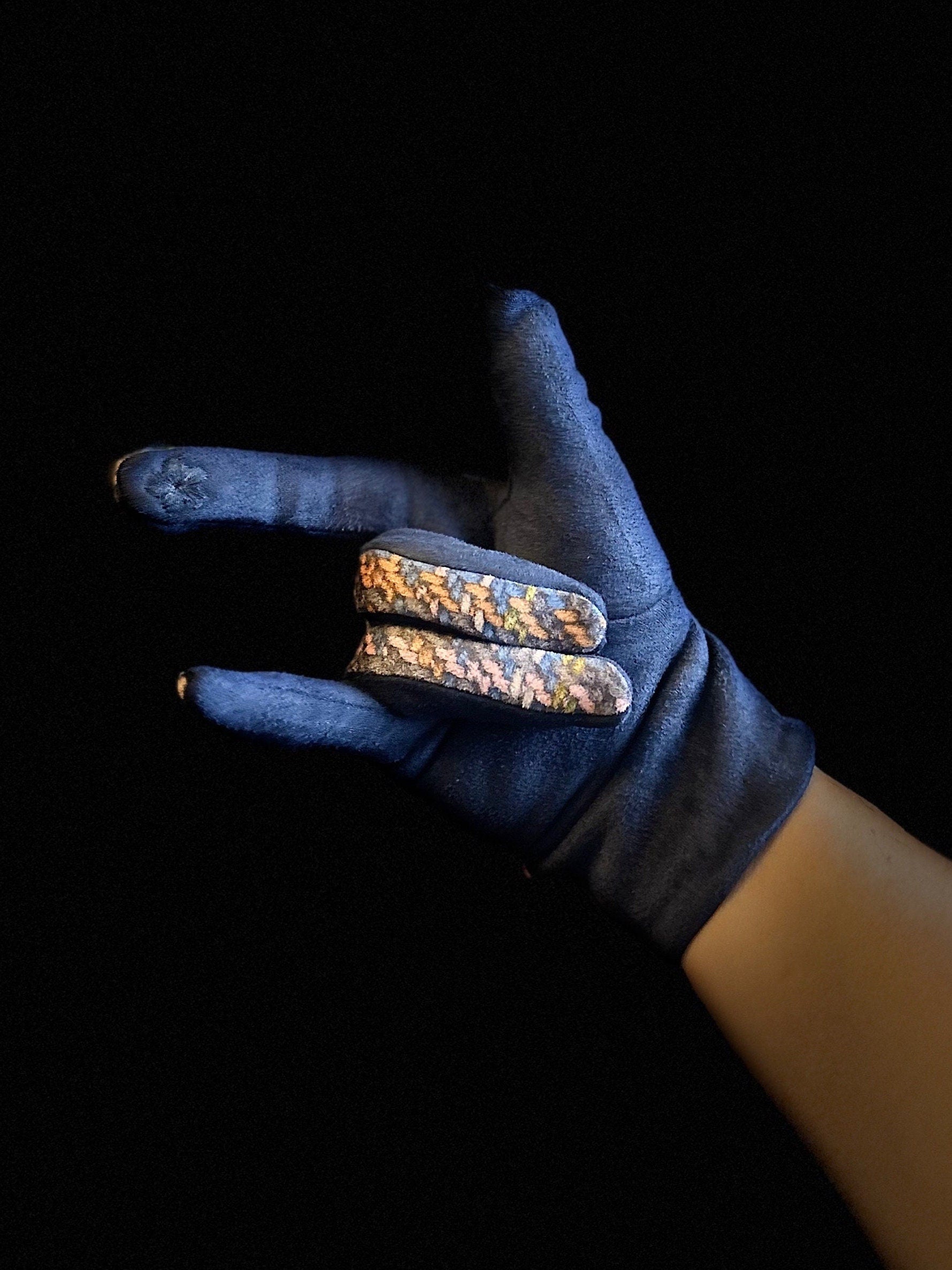 Navy Blue Glove with Tweed,Tartan Pattern for Women