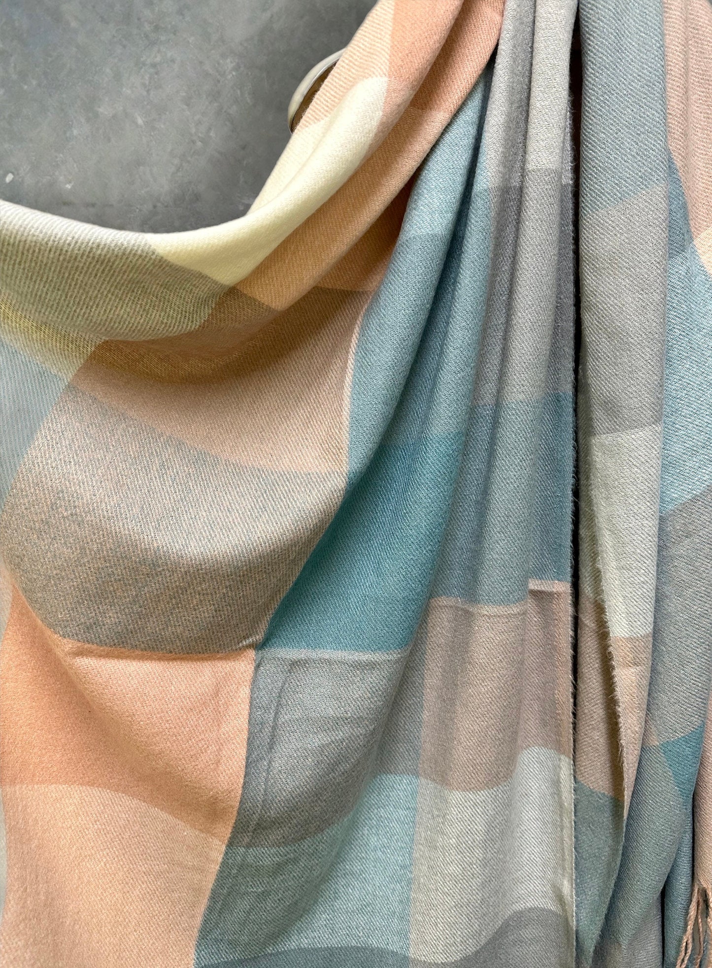Teal Blue,Beige Cashmere Blend Scarf in Block Pattern/Autumn Winter Scarf/Scarf for Women/Gifts For Mom/Gifts For Her,Birthday,Christmas