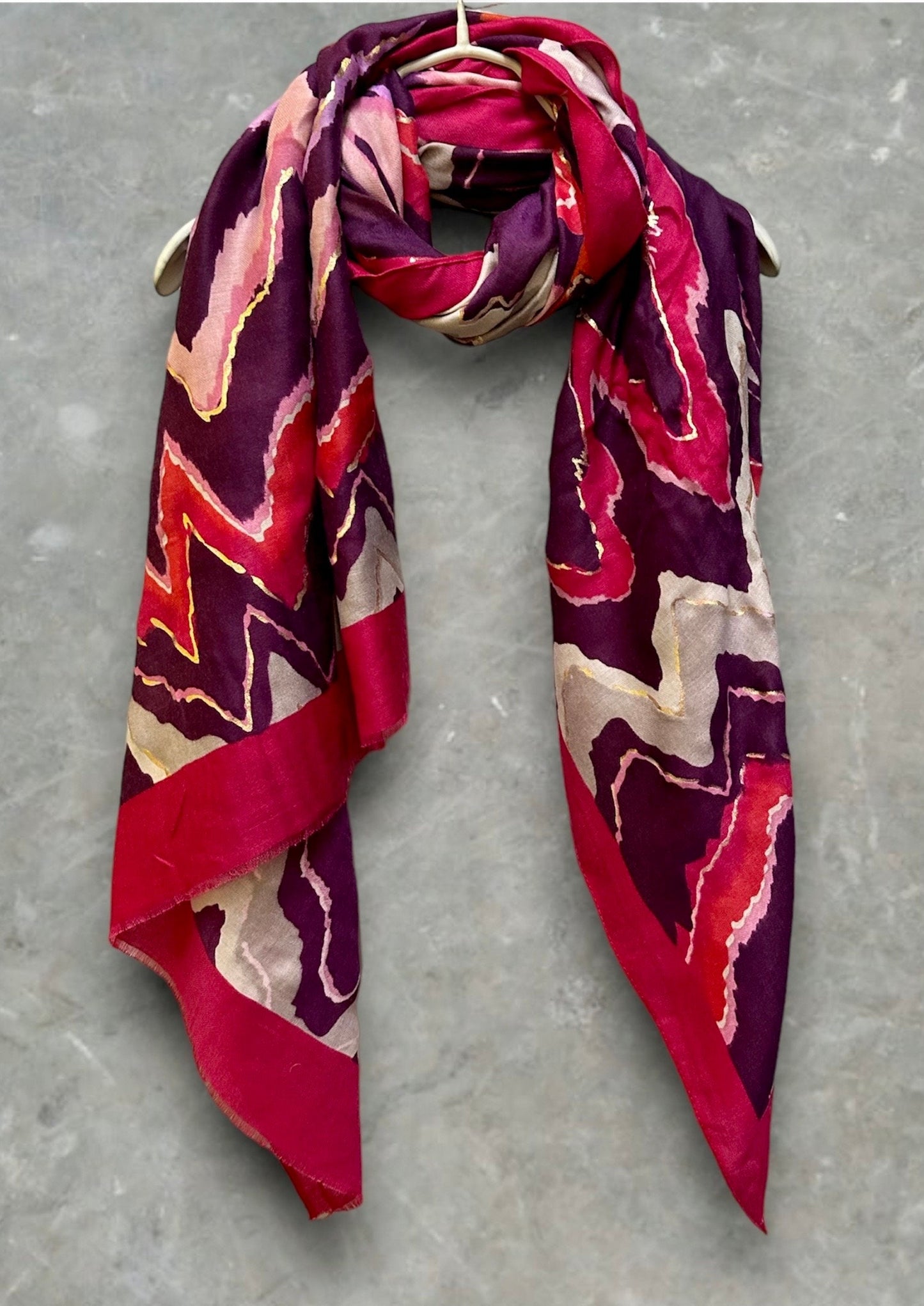 Pink Cotton Scarf with Zigzag Pattern and Gold Accents – A Versatile Gift for Her, Year-Round