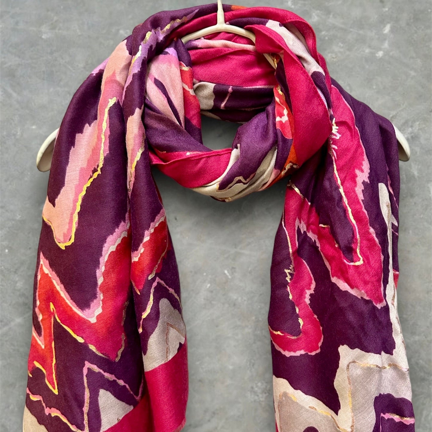 Pink Cotton Scarf with Zigzag Pattern and Gold Accents – A Versatile Gift for Her, Year-Round
