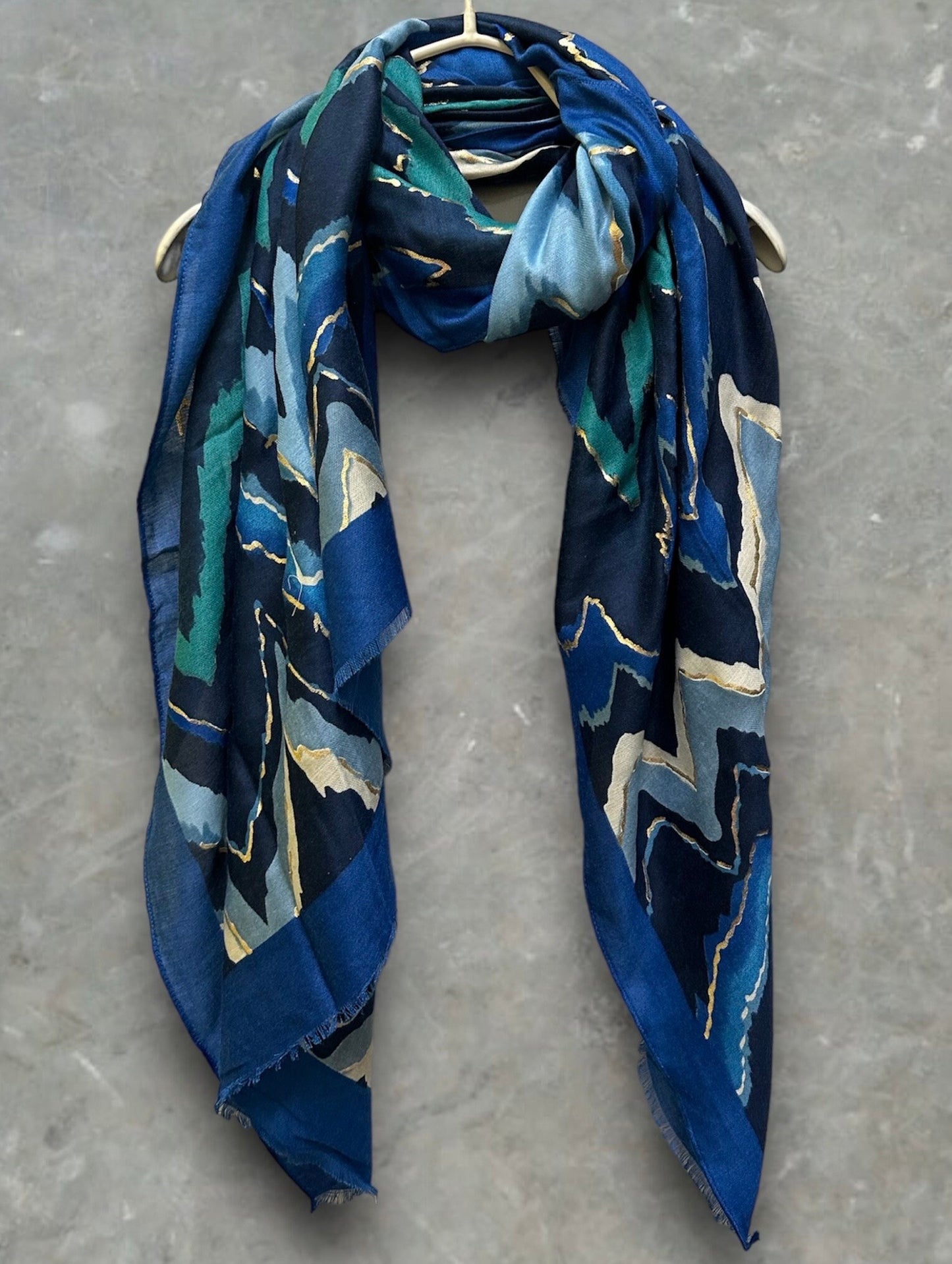 Blue Cotton Scarf Featuring Zigzag Pattern and Gold Accents.A Stylish and Versatile Accessory for All Season,Ideal Gift for Her,Mom