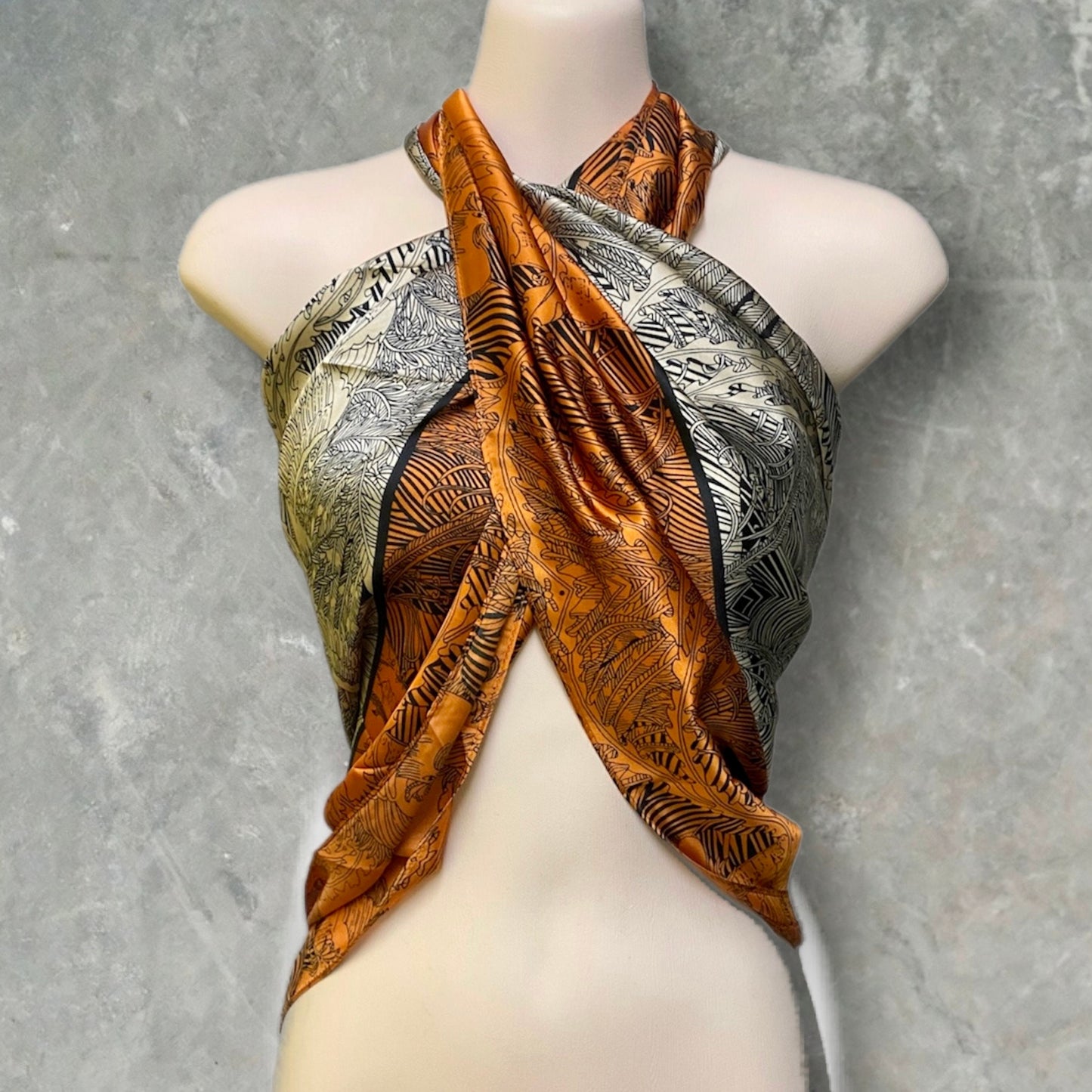 Gold Beige Silk Square Scarf with Sketched Phoenix Pattern – A Stunning Gift for Her.