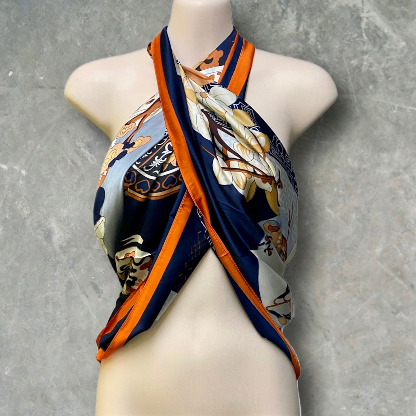 Navy Blue Silk Square Scarf with Japanese Kimono Pattern – A Stylish Gift for Her