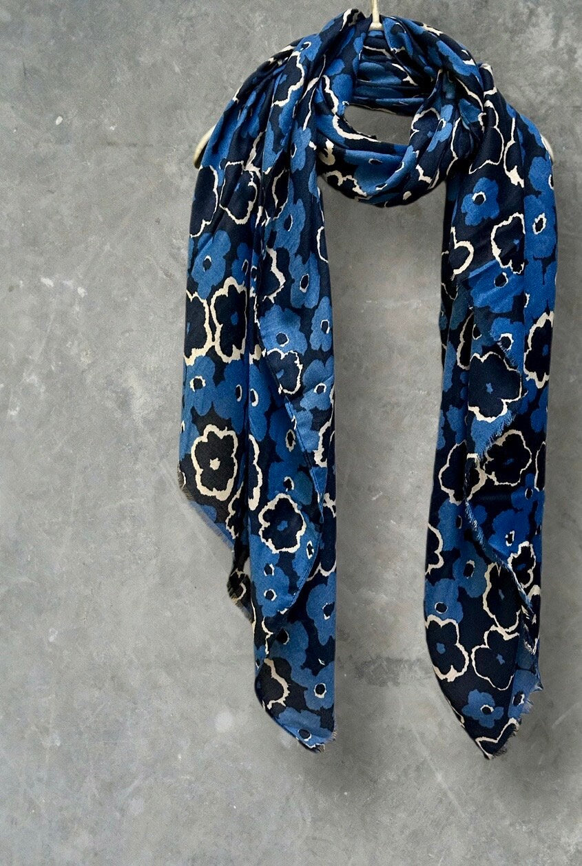 Blue Sketched Poppy Pattern Scarf. Versatile Cotton Blend for Summer, Autumn and Winter. An Ideal Gift for Her Birthday or Christmas.
