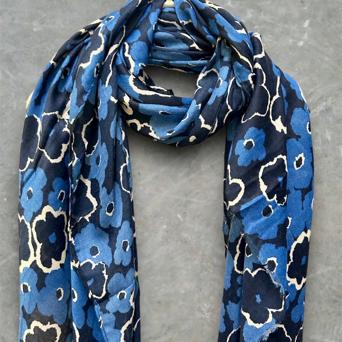 Blue Sketched Poppy Pattern Scarf. Versatile Cotton Blend for Summer, Autumn and Winter. An Ideal Gift for Her Birthday or Christmas.