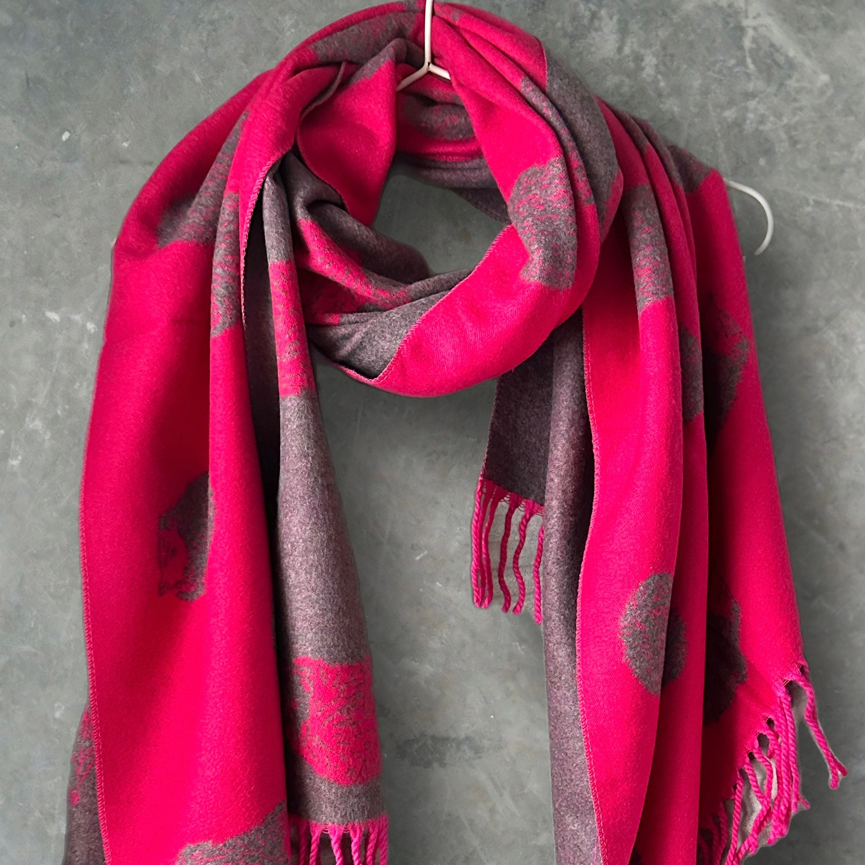 Hedgehog Fuchsia Pink/Grey Double-Sided Cashmere Blend Scarf.