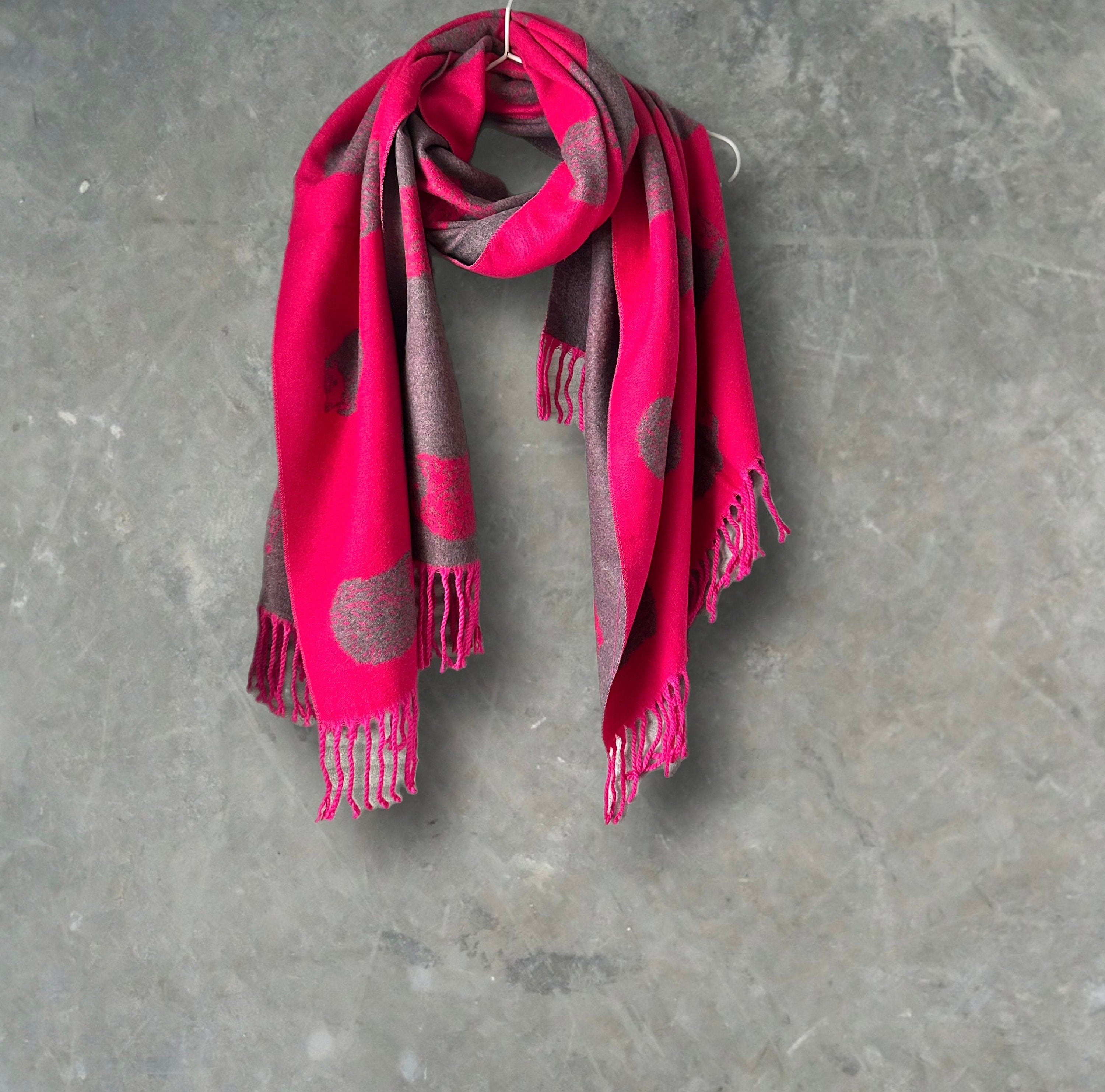 Hedgehog Fuchsia Pink/Grey Double-Sided Cashmere Blend Scarf.
