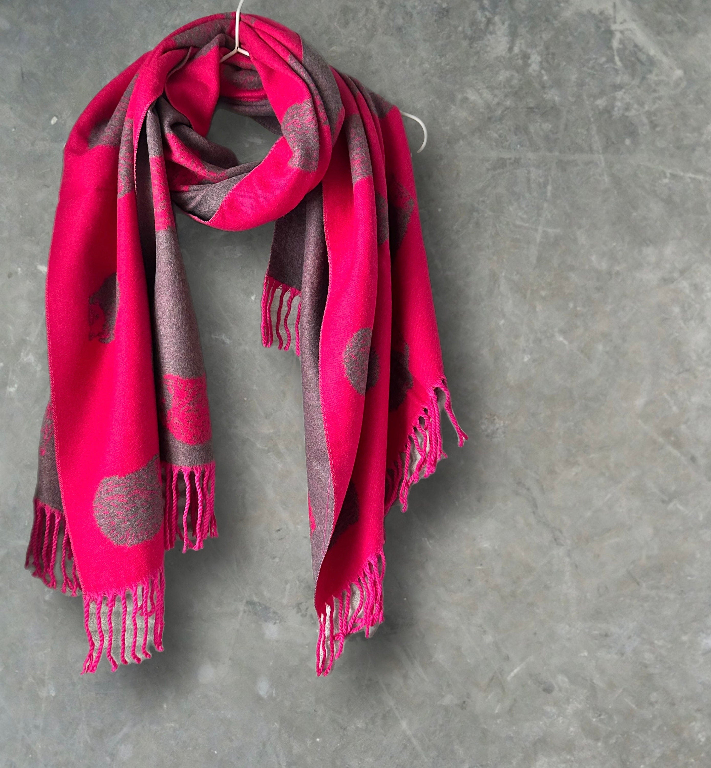 Hedgehog Fuchsia Pink/Grey Double-Sided Cashmere Blend Scarf.