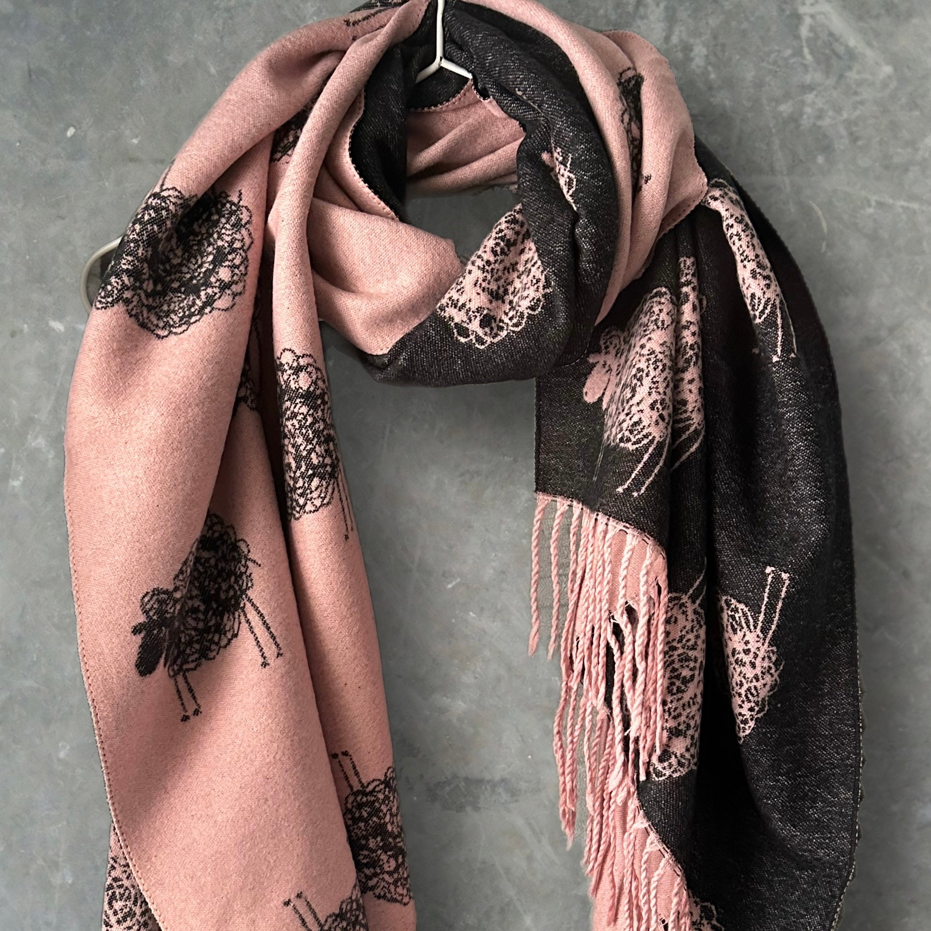 Pink and Black Double-sided Cashmere Scarf featuring Sheep Pattern