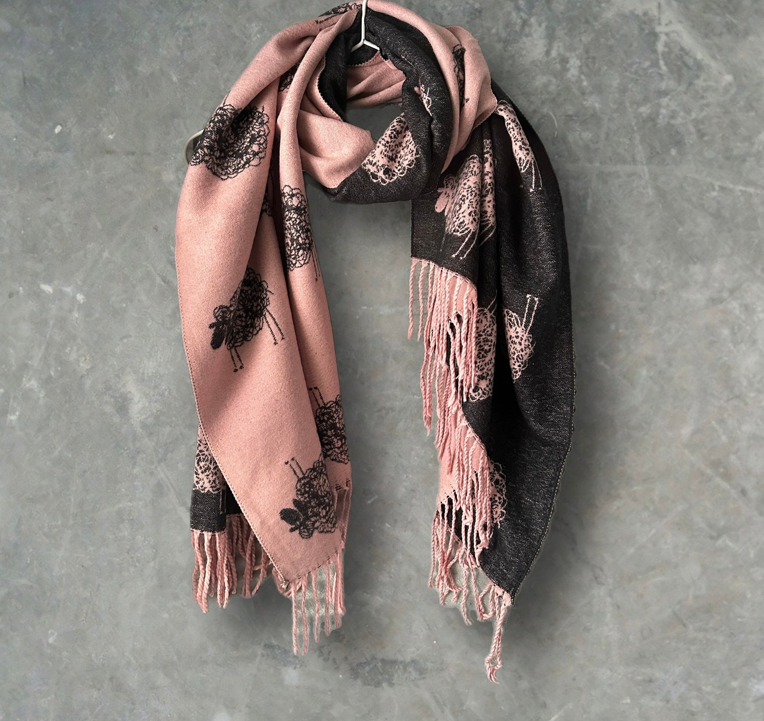Pink and Black Double-sided Cashmere Scarf featuring Sheep Pattern