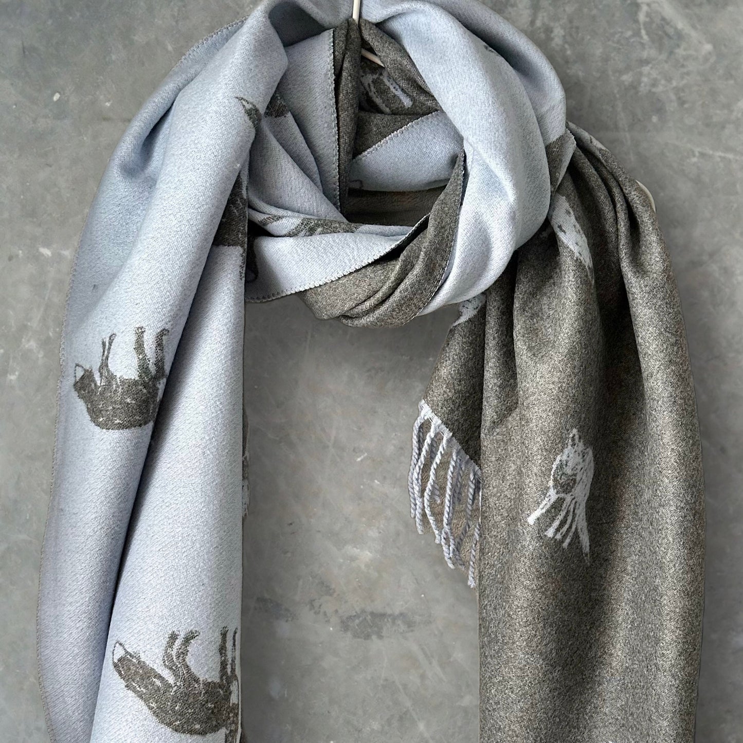 Fox’s Scarf in Light Blue and Grey Double-sided Cashmere Scarf,suitable for Winter,Great Gift for Mom,Her, Birthday,Christmas.