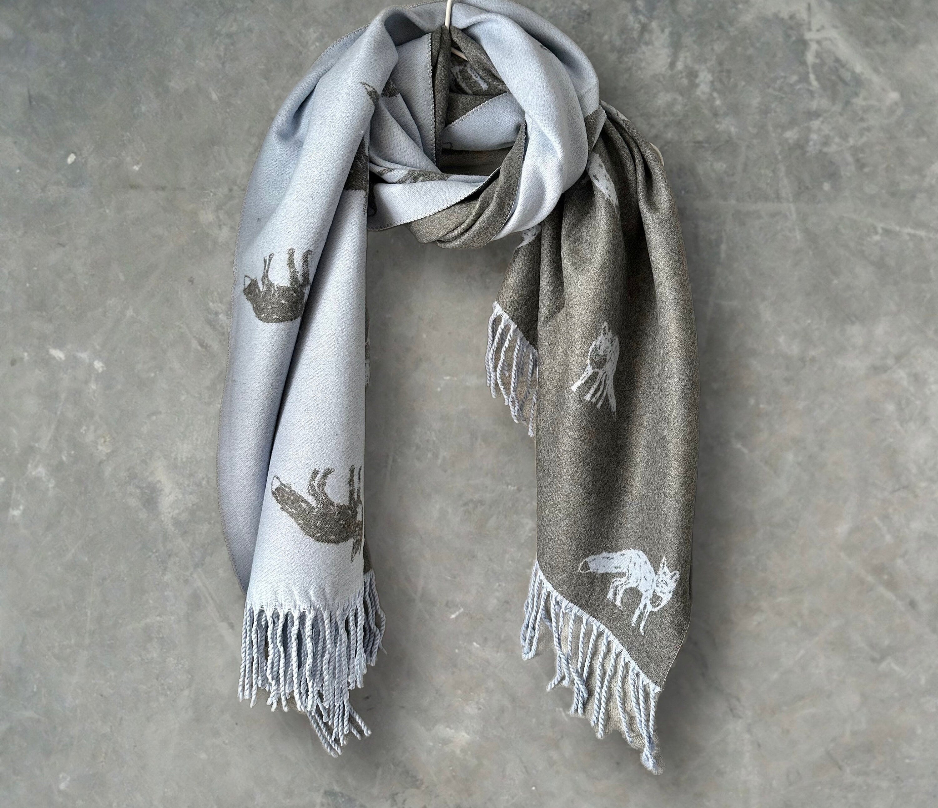 Fox’s Scarf in Light Blue and Grey Double-sided Cashmere Blend Scarf