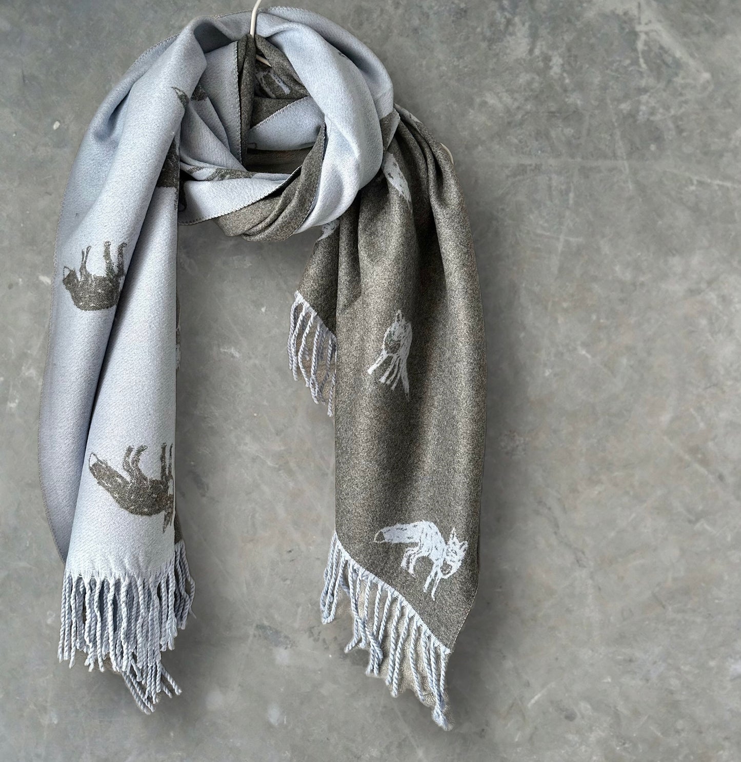 Fox’s Scarf in Light Blue and Grey Double-sided Cashmere Scarf,suitable for Winter,Great Gift for Mom,Her, Birthday,Christmas.