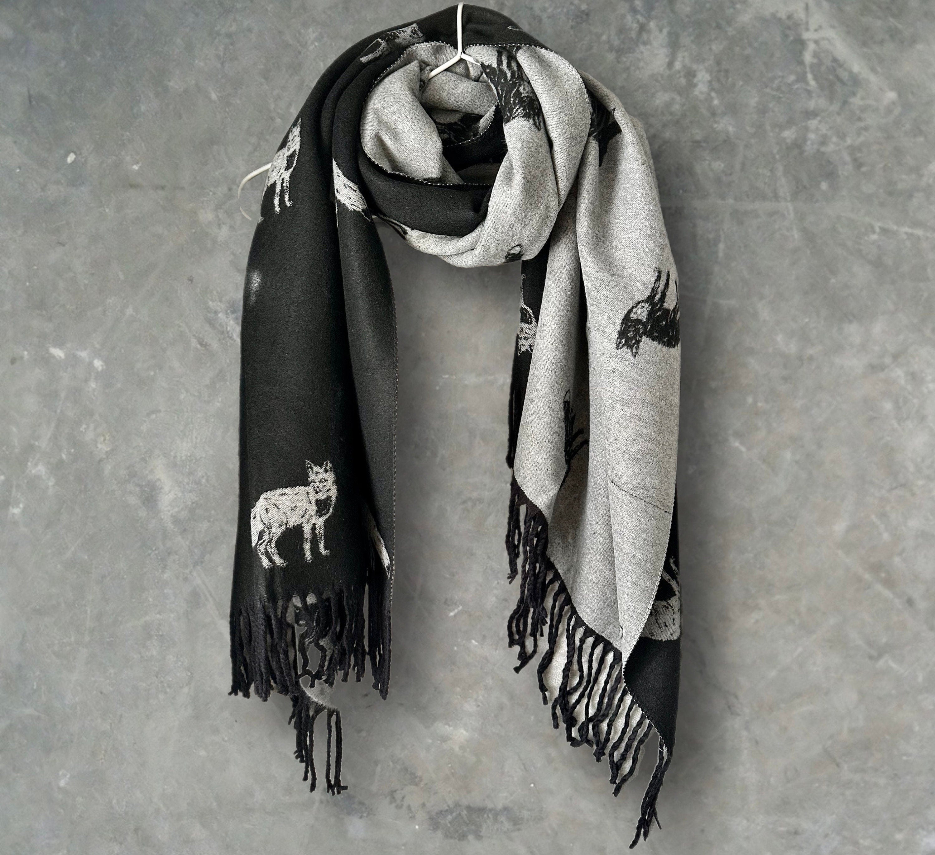 Fox’s Scarf in Black and Grey Double-sided Cashmere Blend Scarf For Winter