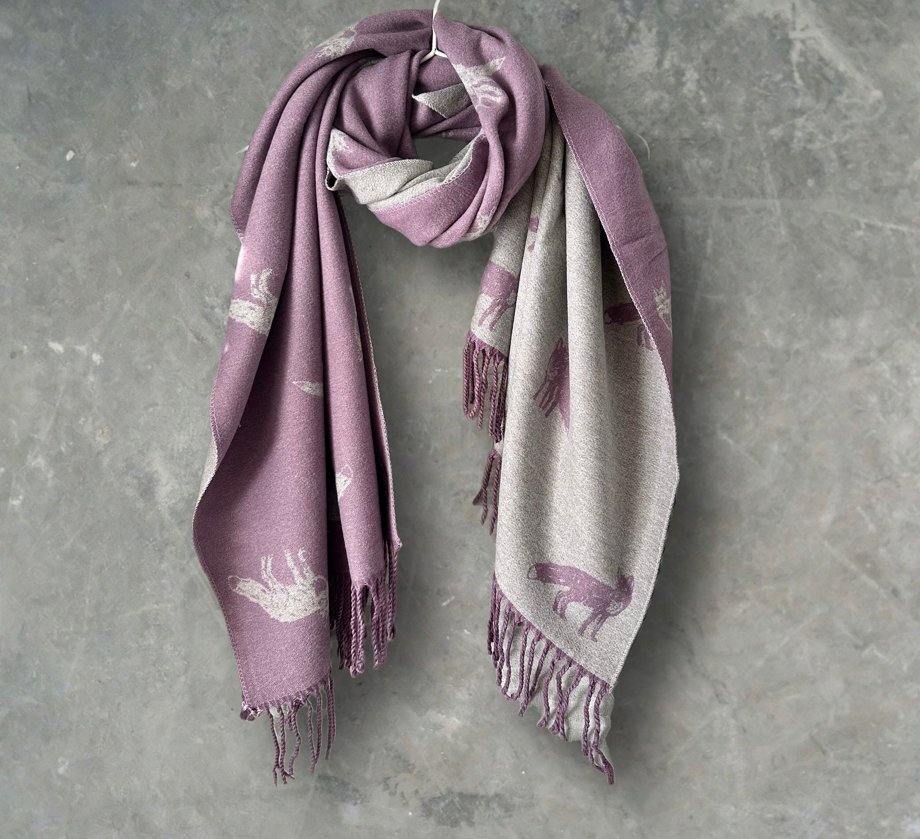 Light Purple and Grey Double-Sided Cashmere Fox Scarf.