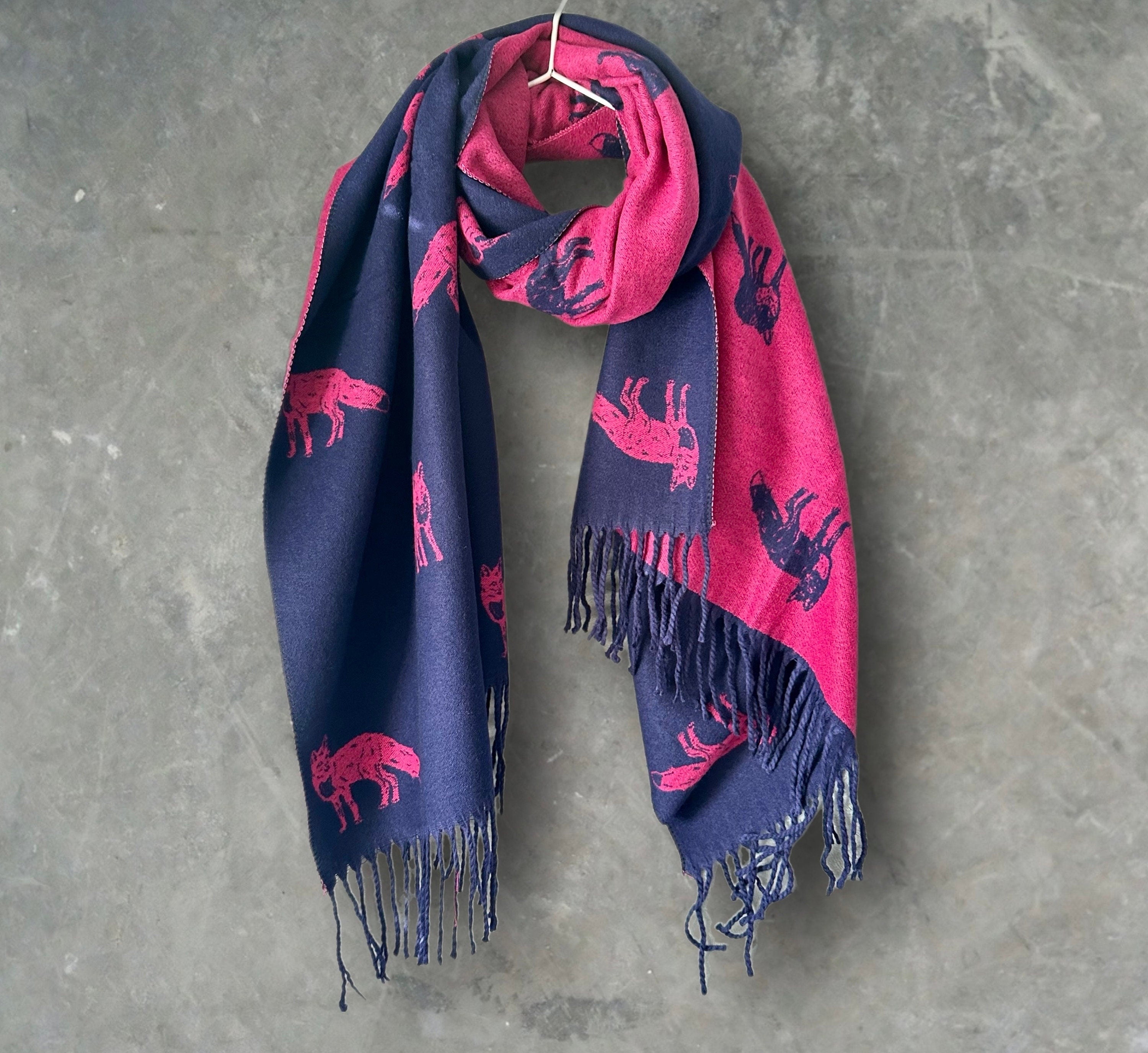 Fox’s Scarf in Blue and Pink,Double-sided Cashmere Blend Scarf