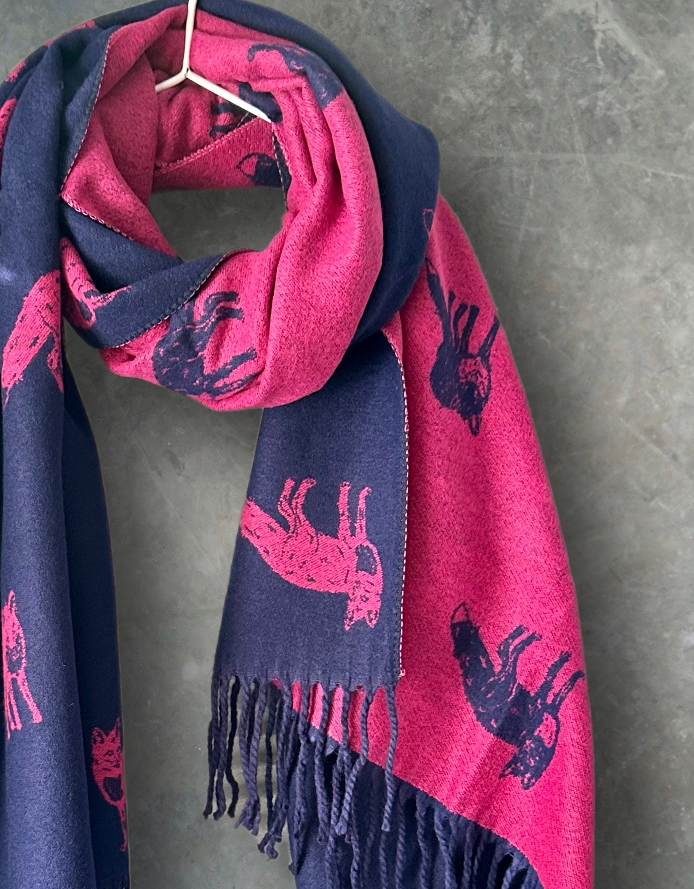 Fox’s Scarf in Blue and Pink,Double-sided Cashmere Blend Scarf