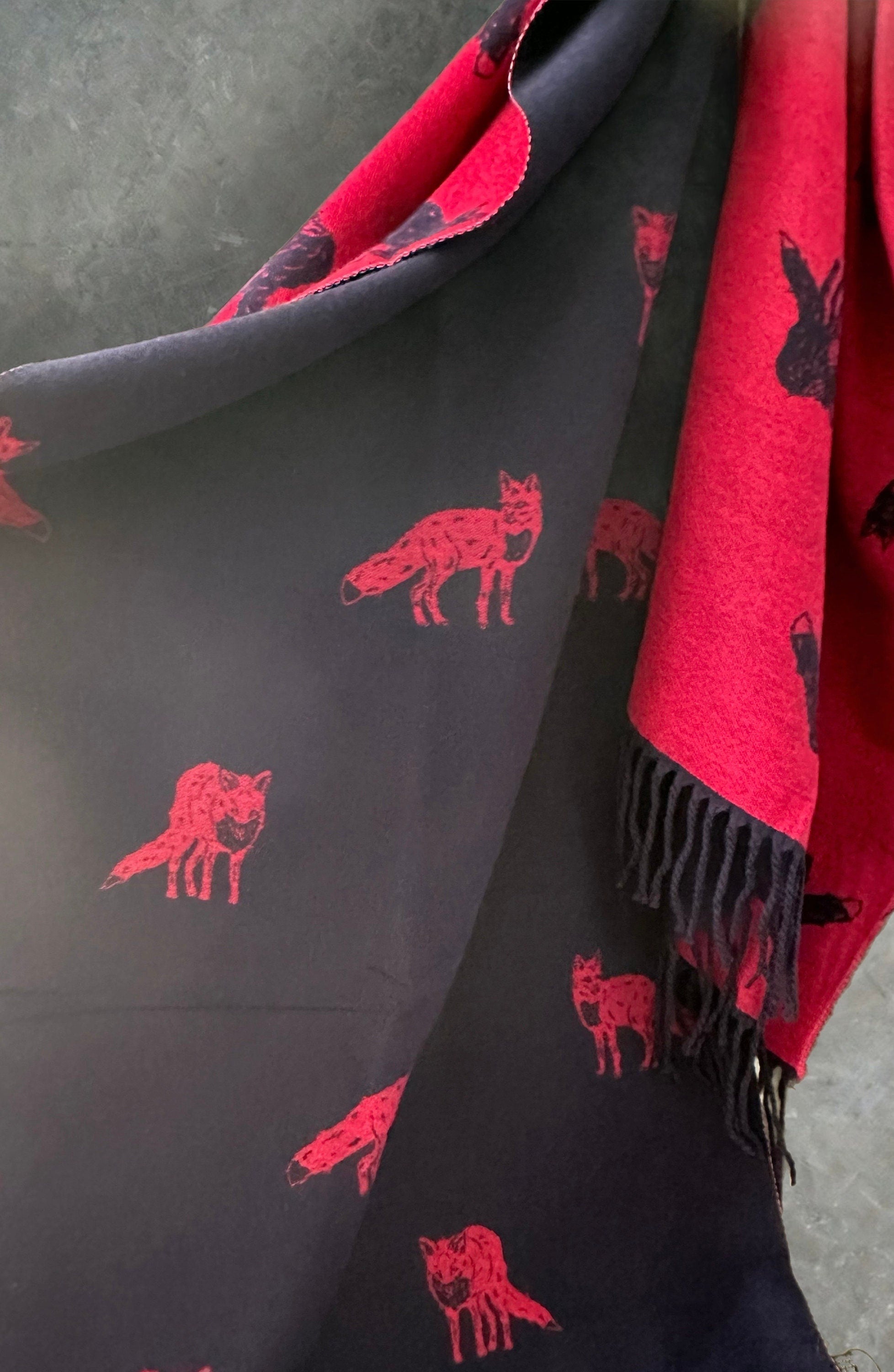 Fox’s Scarf in Blue and Pink,Double-sided Cashmere Blend Scarf