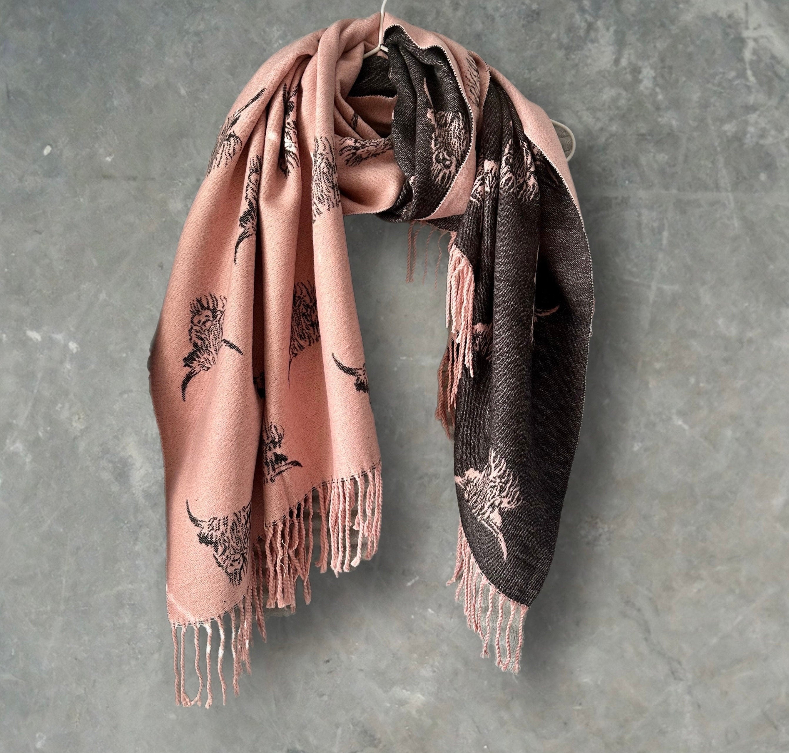 Highland Cattle Scarf in Pink and Black Double-sided Cashmere Blend Scarf
