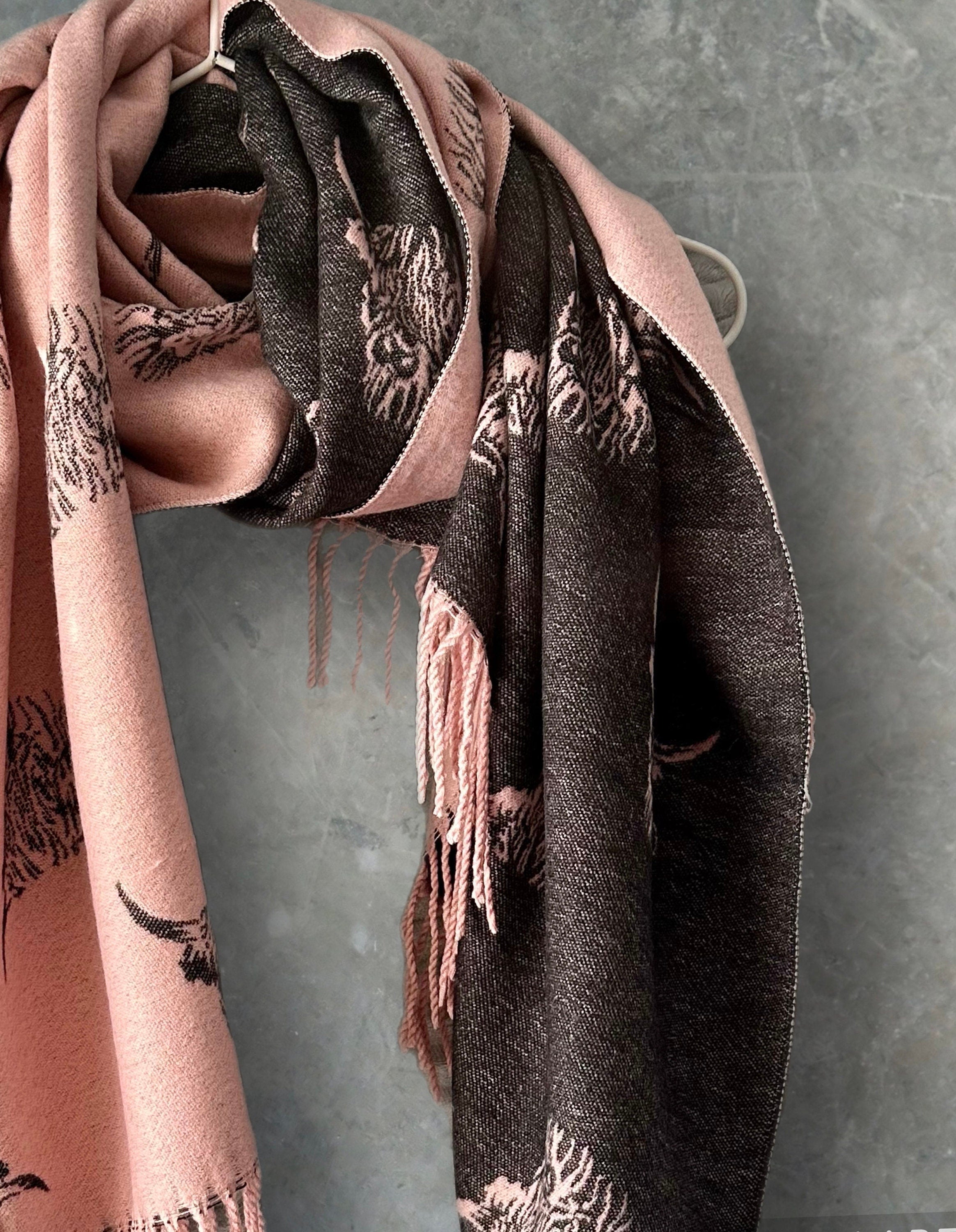 Highland Cattle Scarf in Pink and Black Double-sided Cashmere Blend Scarf