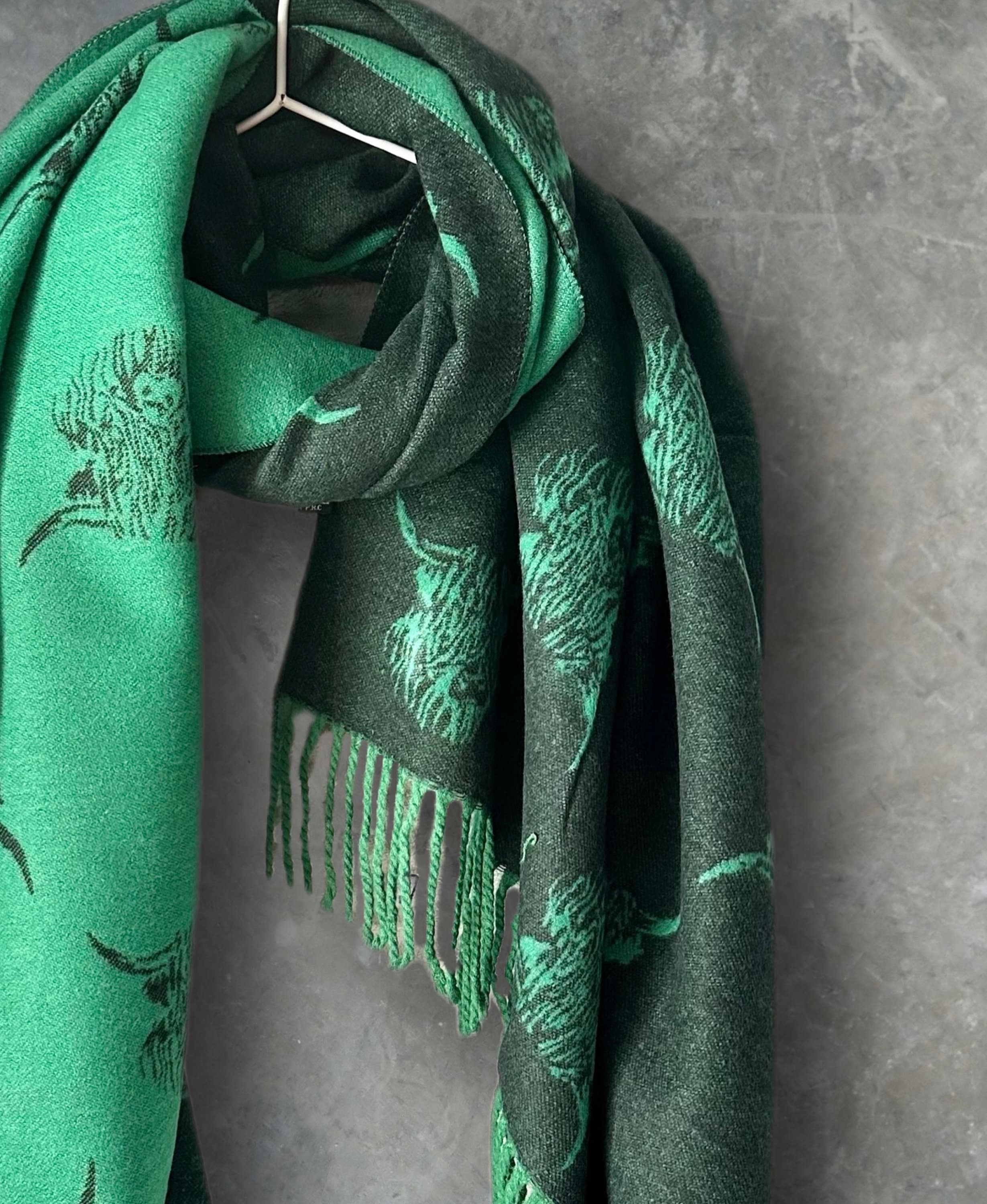 Highland Cattle Scarf in Two-toned Green Double-sided Cashmere Blend Scarf