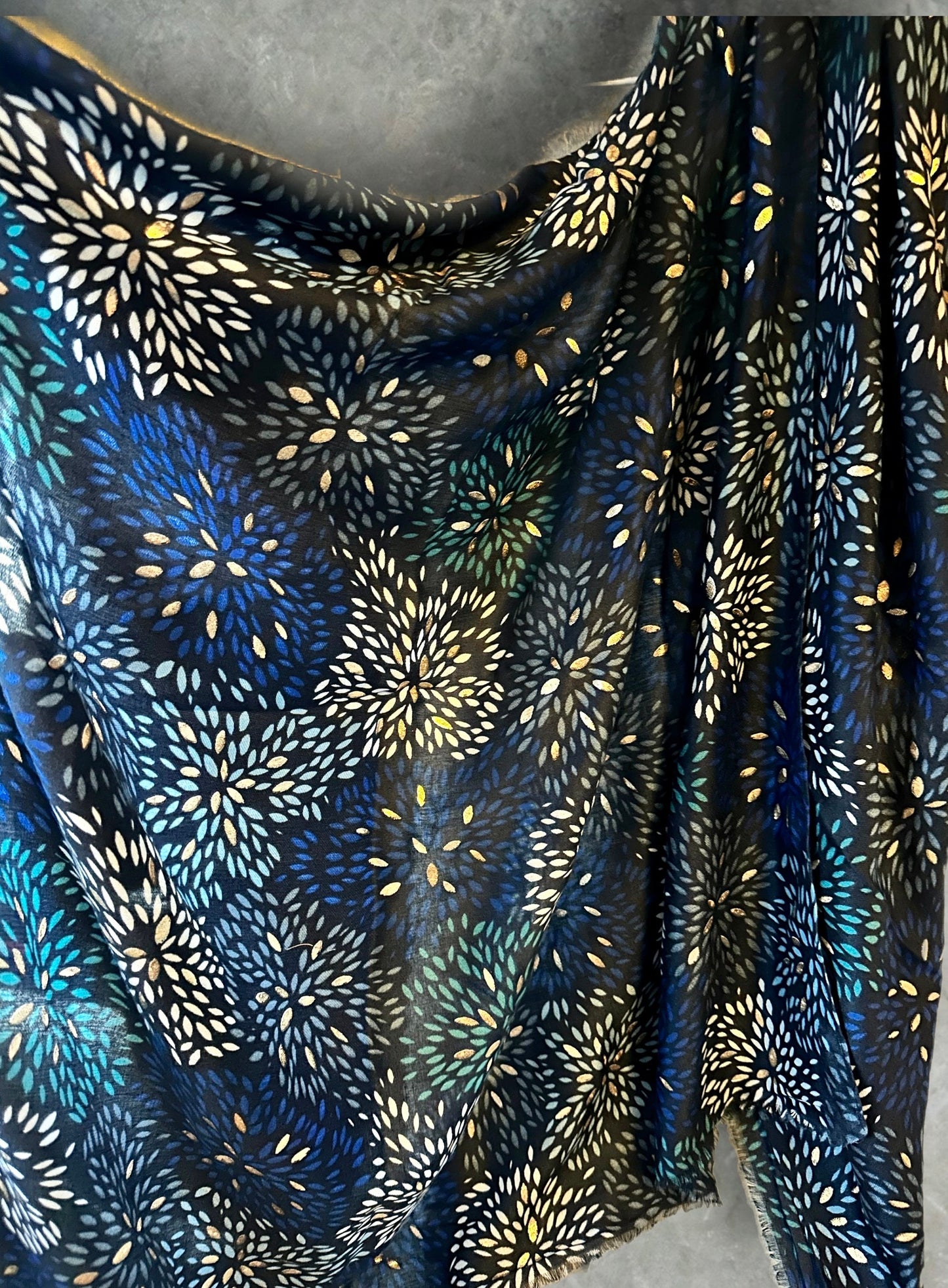 Firework Pattern with Gold Foils Blue Cotton Scarf,Women Scarf,Autumn Winter Scarf,Gifts for Her,Mom,Gifts for Birthday,Christmas