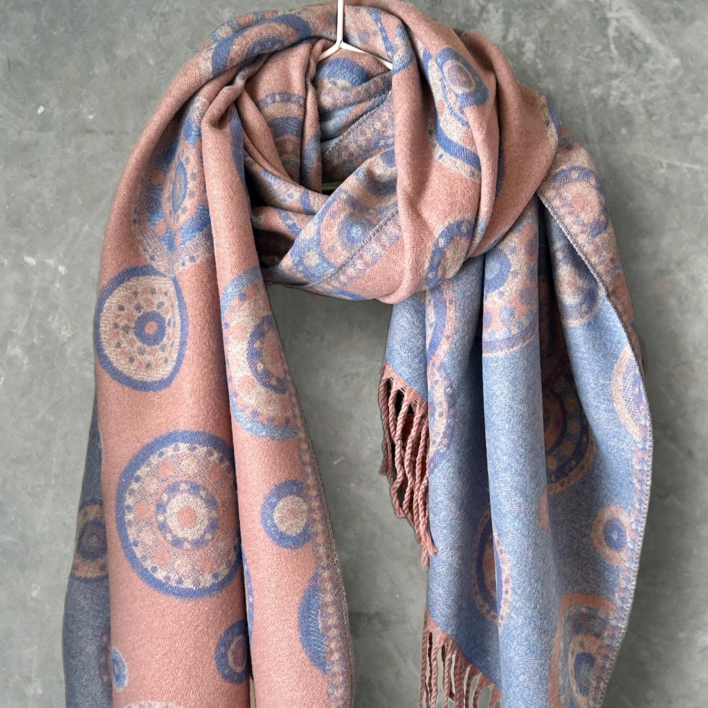 Cashmere Blend Scarf in Light Blue Pink with Circular Dots Pattern For Winter