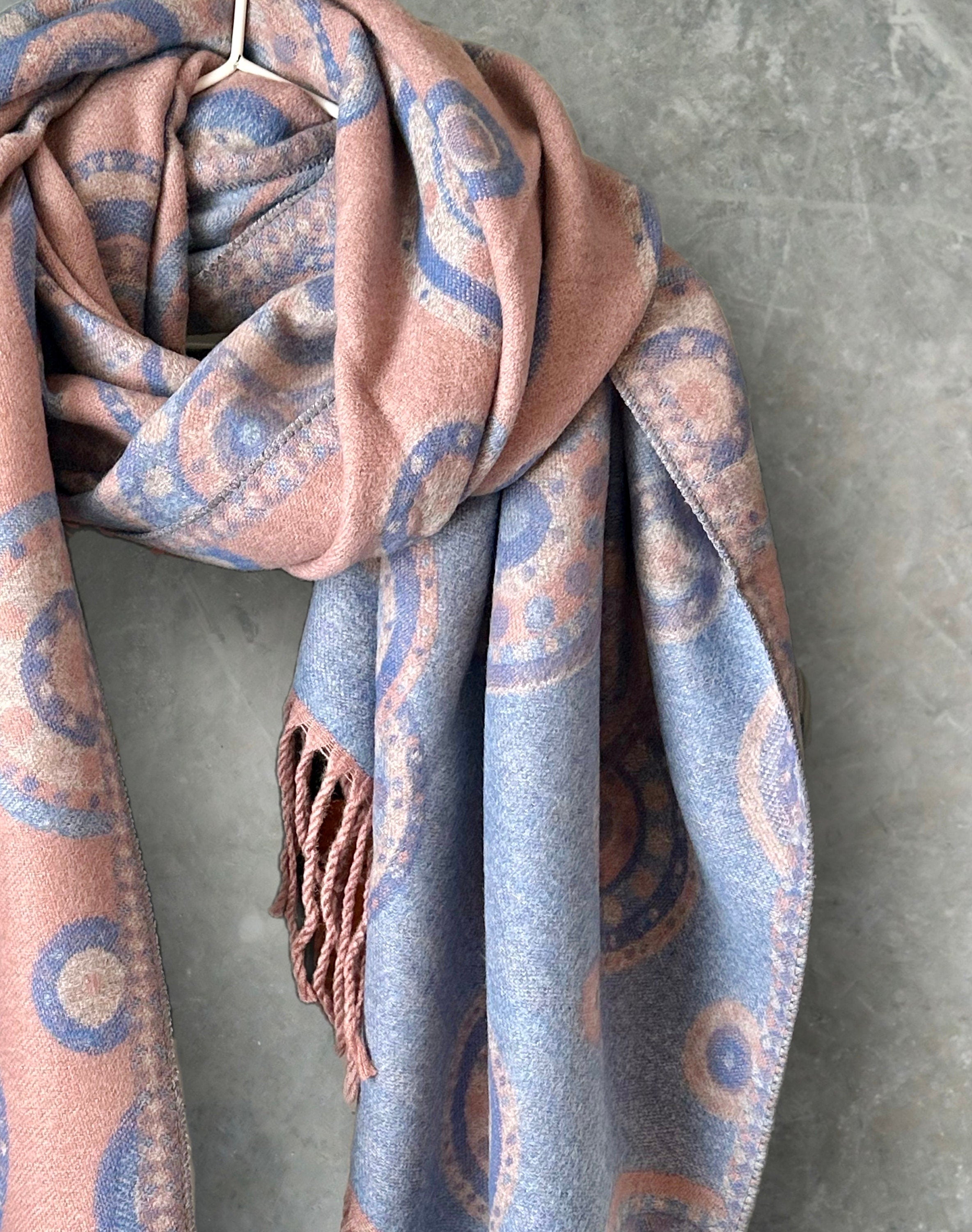 Cashmere Blend Scarf in Light Blue Pink with Circular Dots Pattern For Winter