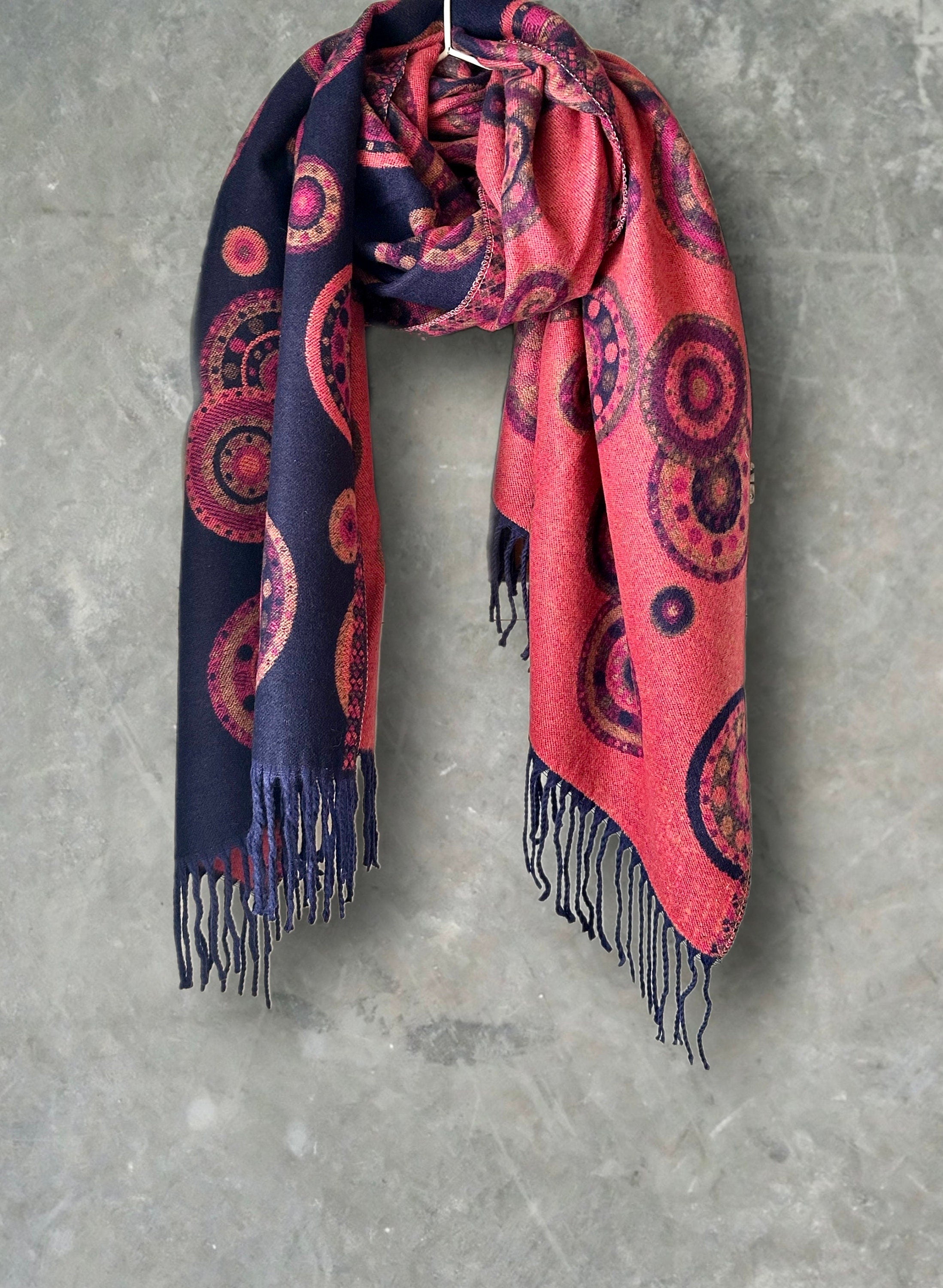 Cashmere Scarf in Bright Pink and Blue with Circular Dots Pattern